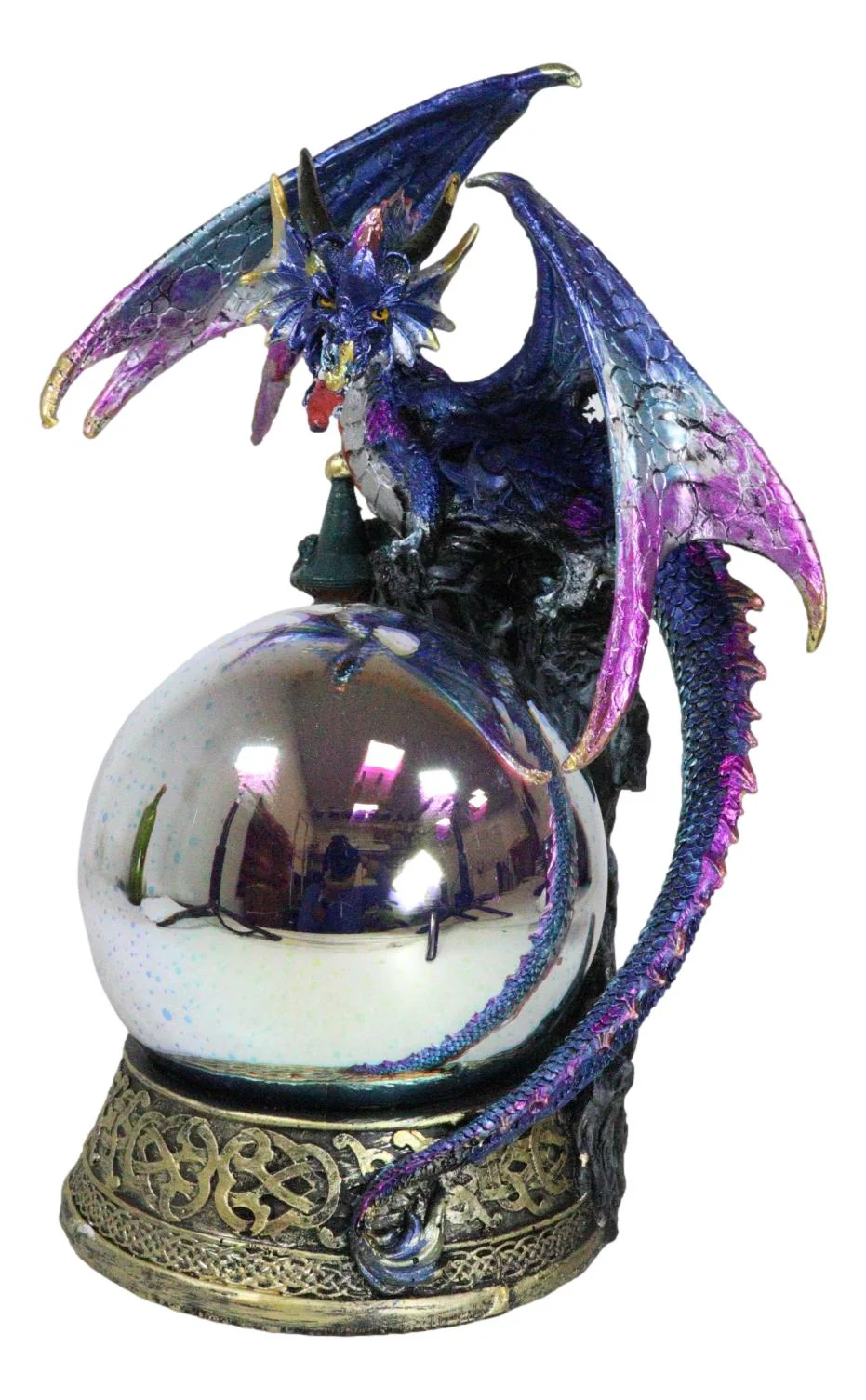 Blue Dragon Perching On Castle Top With Celtic Base And LED Optic Ball Statue - Image 7