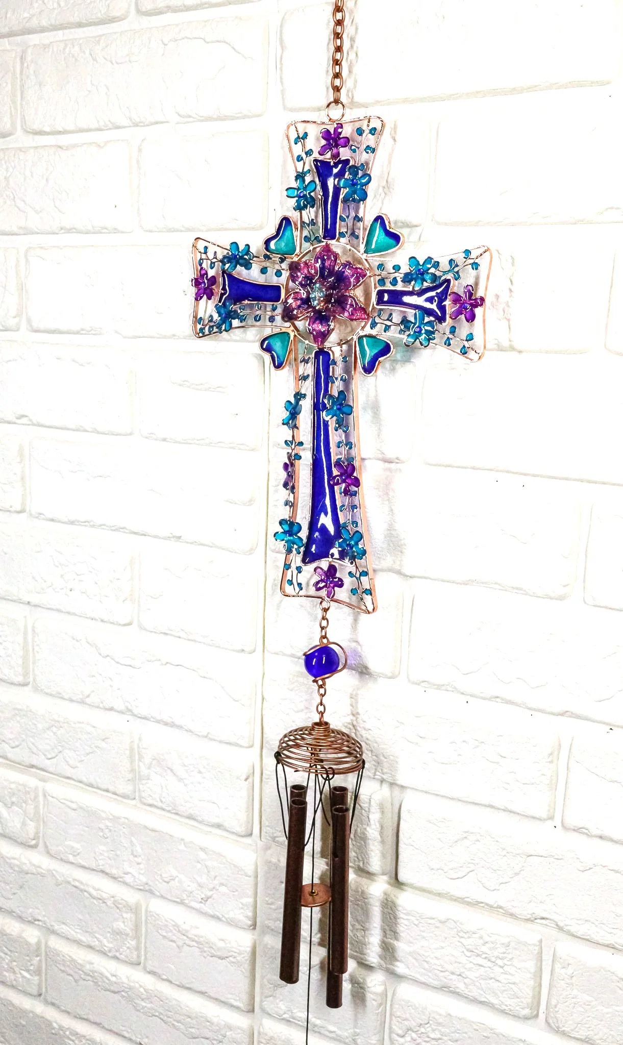Blue Floral Aquamarine Cross With Gemstones Metal Scroll Filigree Wind Chime - Image 10
