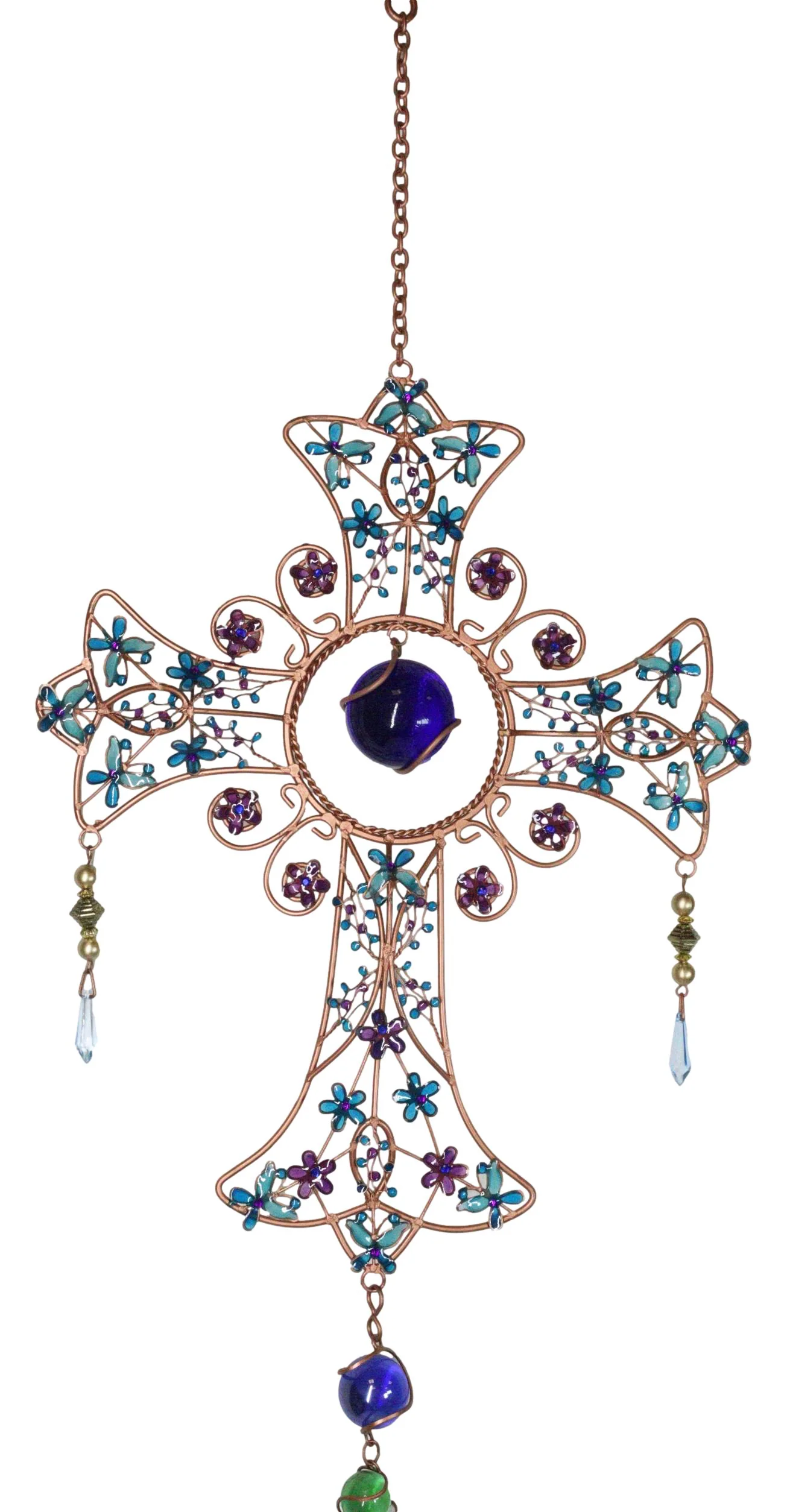 Blue Floral Scroll with Gemstones Christian Cross Art Glass Metal Wind Chime - Image 6