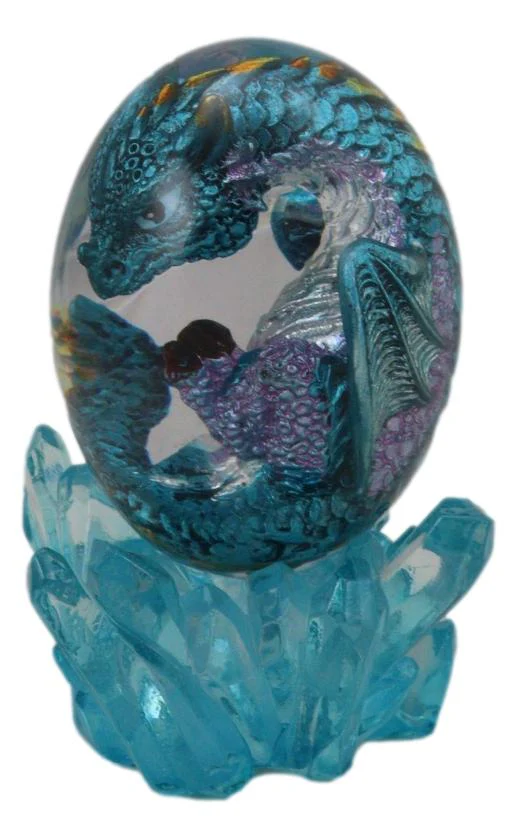 Blue Fossil Dragon Hatchling Sleeping in Faux Crystal Acrylic Glass Egg Figurine - Image 5