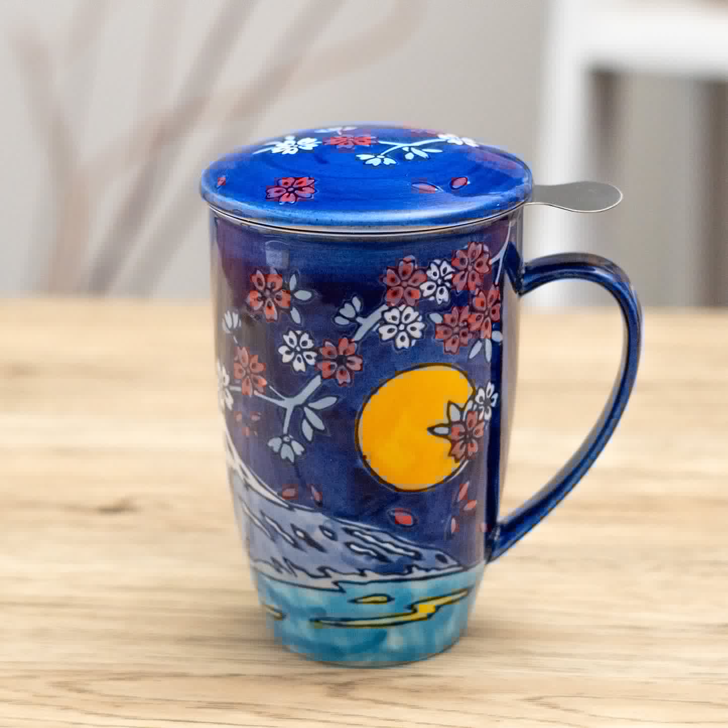 Blue Moon Fuji Mountain 15oz Porcelain Tea Mug With Lid Stainless Steel Infuser