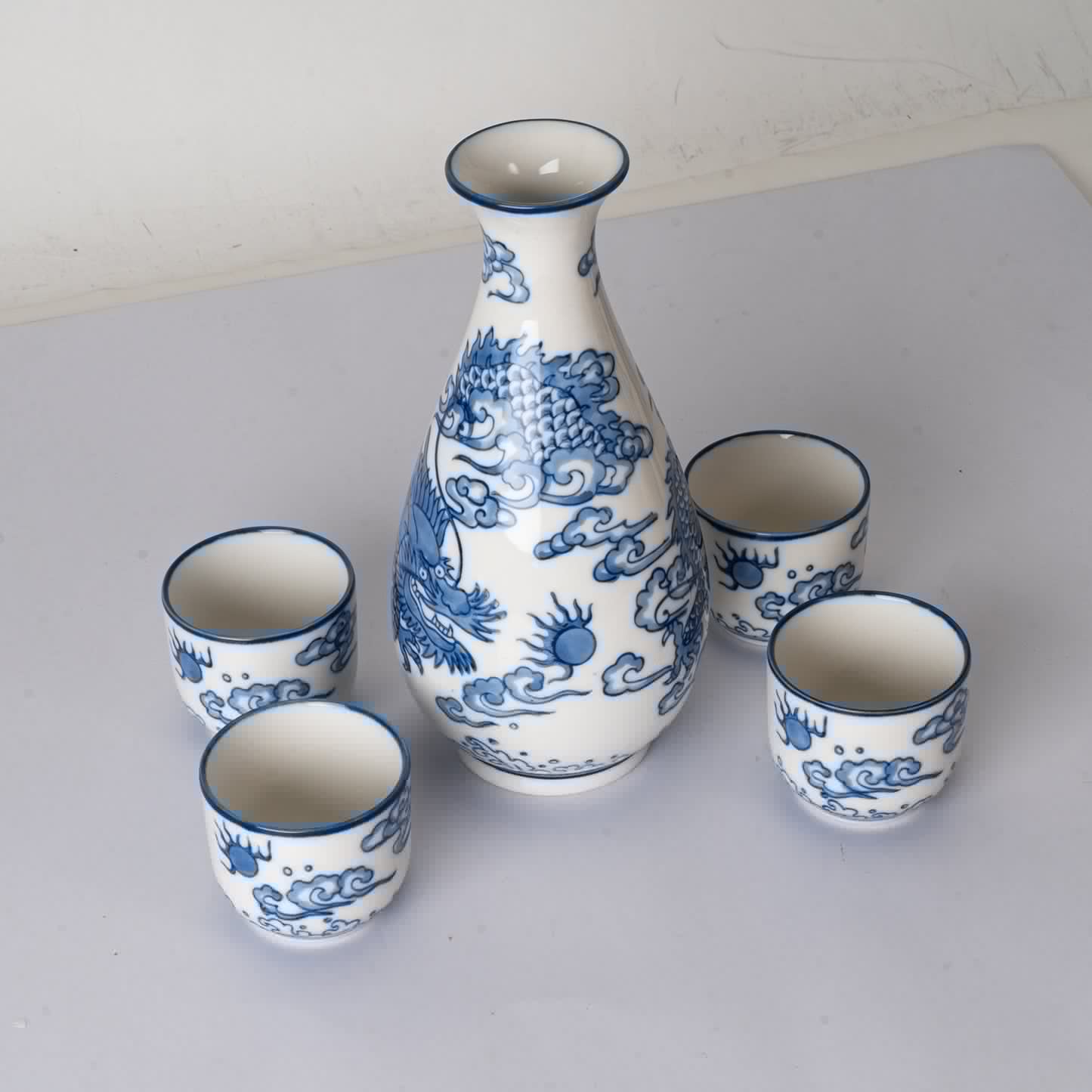 Blue White Ryu Dragon King Porcelain Sake Carafe Flask And 4 Ochoko Cups Set - Image 2