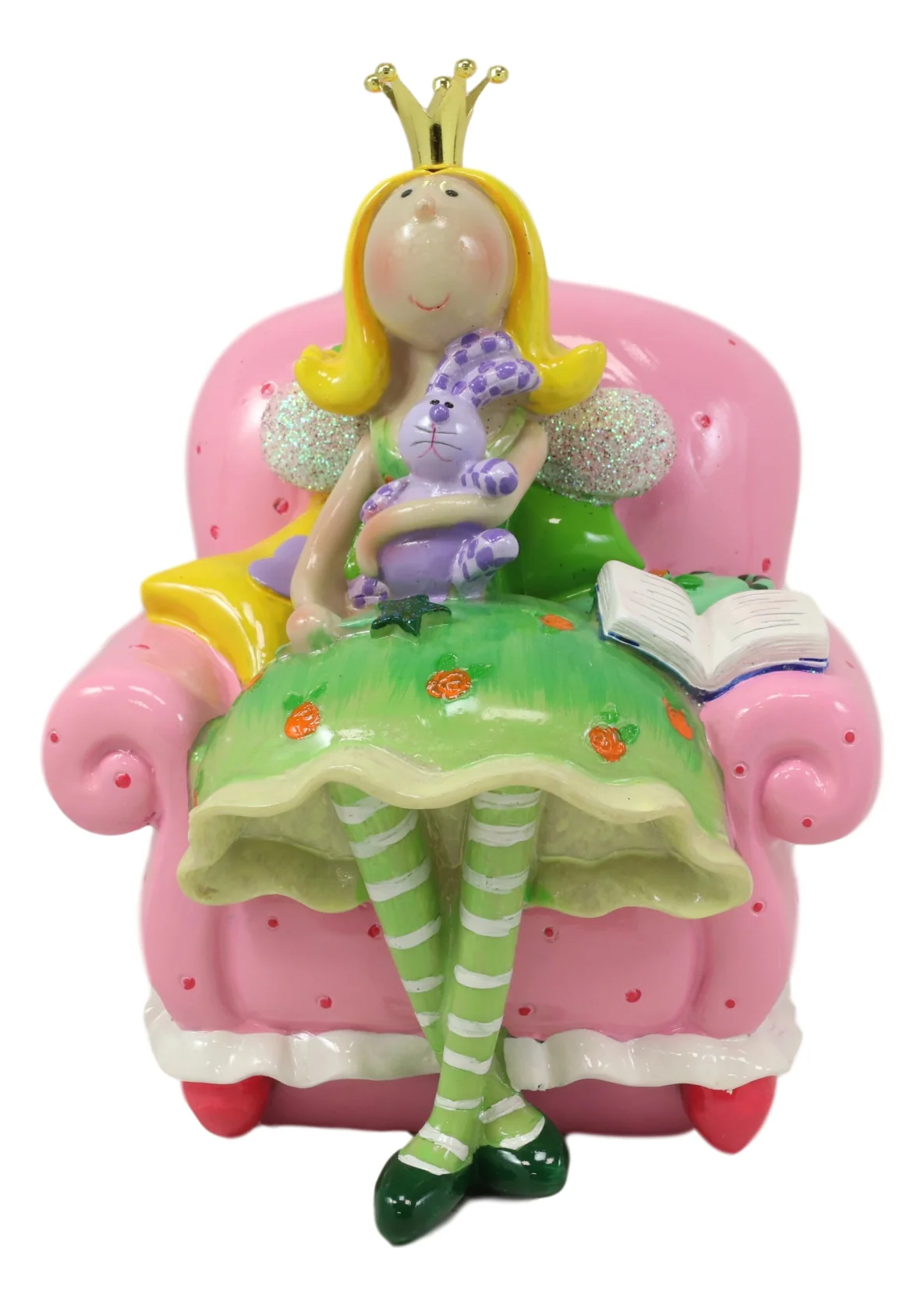 Bookworm Crown Princess Fairy Sitting On Pink Sofa Money Coin Bank Figurine - Image 2