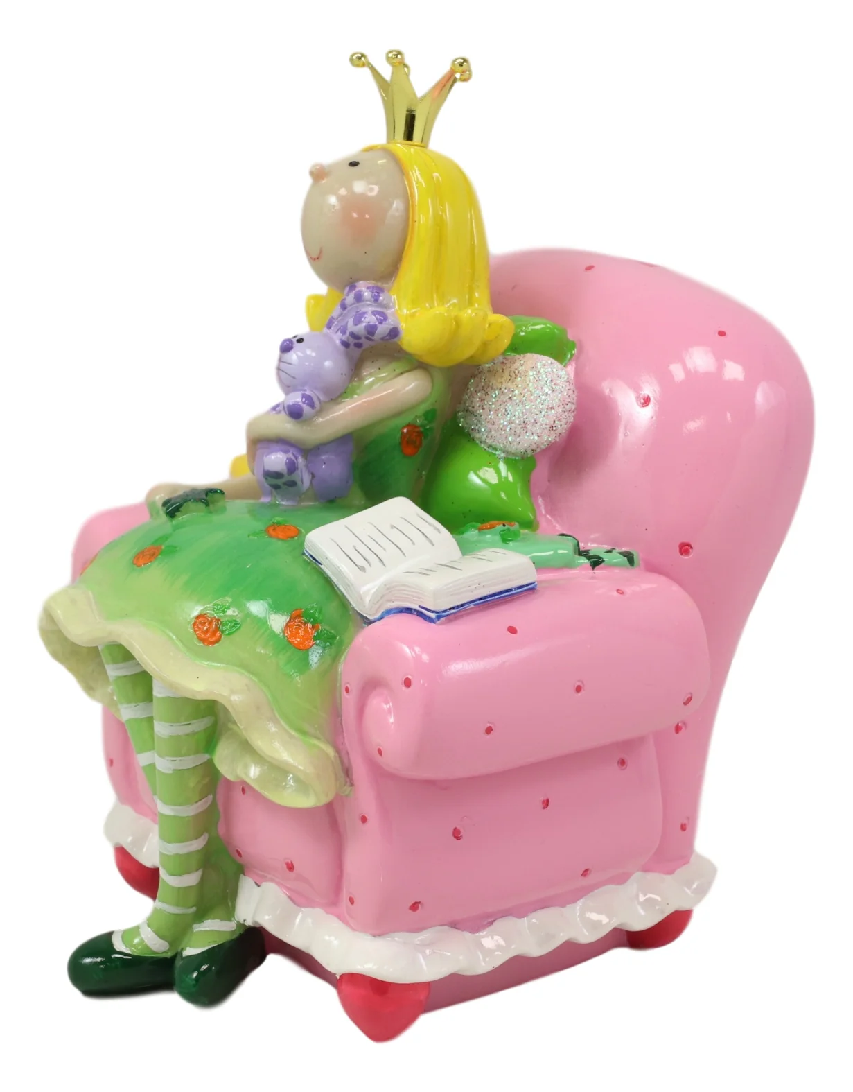 Bookworm Crown Princess Fairy Sitting On Pink Sofa Money Coin Bank Figurine - Image 3