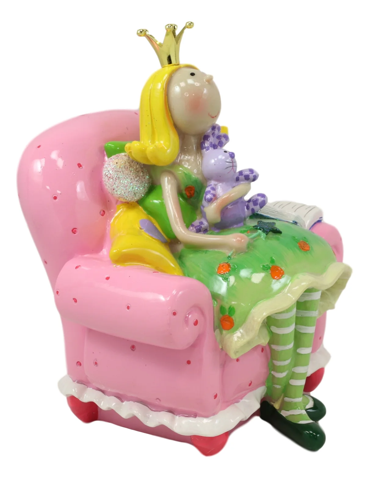 Bookworm Crown Princess Fairy Sitting On Pink Sofa Money Coin Bank Figurine - Image 4