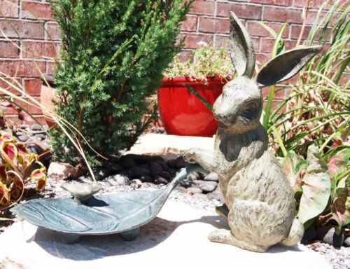 Brer Rabbit Pulling Large Leaf With Blue Jay Garden Bird Bath And Feeder Statue - Image 2