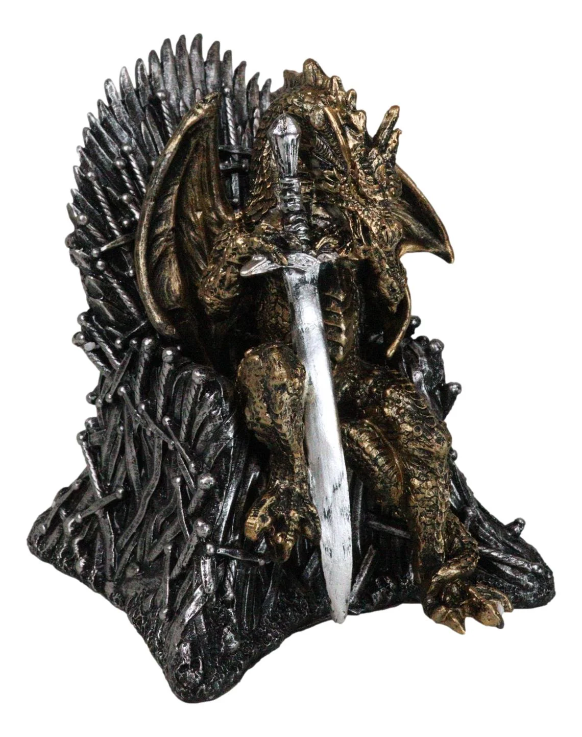 Bronzite Dragon Sitting On Iron Throne Of Swords With Valyrian Blade Figurine - Image 3