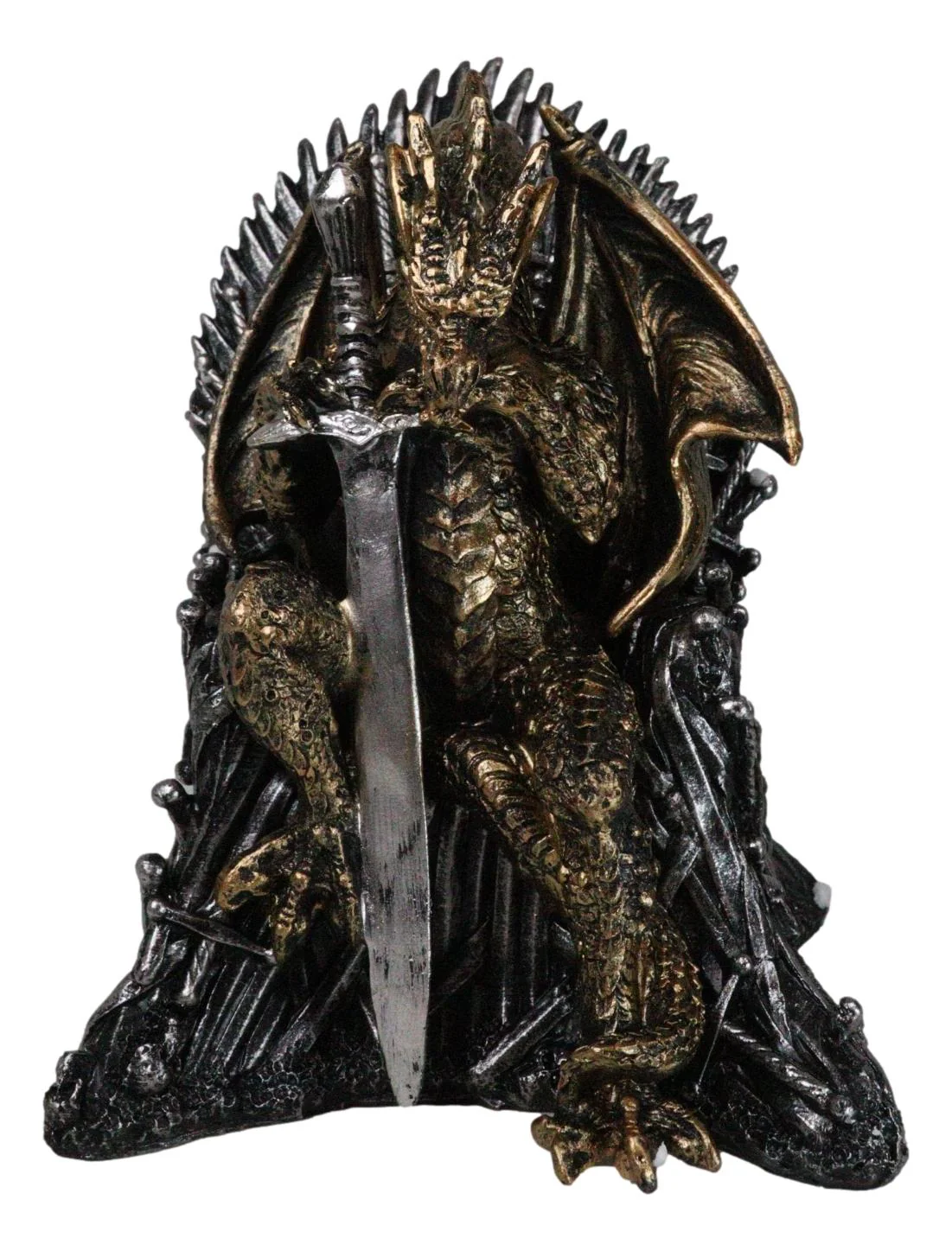 Bronzite Dragon Sitting On Iron Throne Of Swords With Valyrian Blade Figurine - Image 4