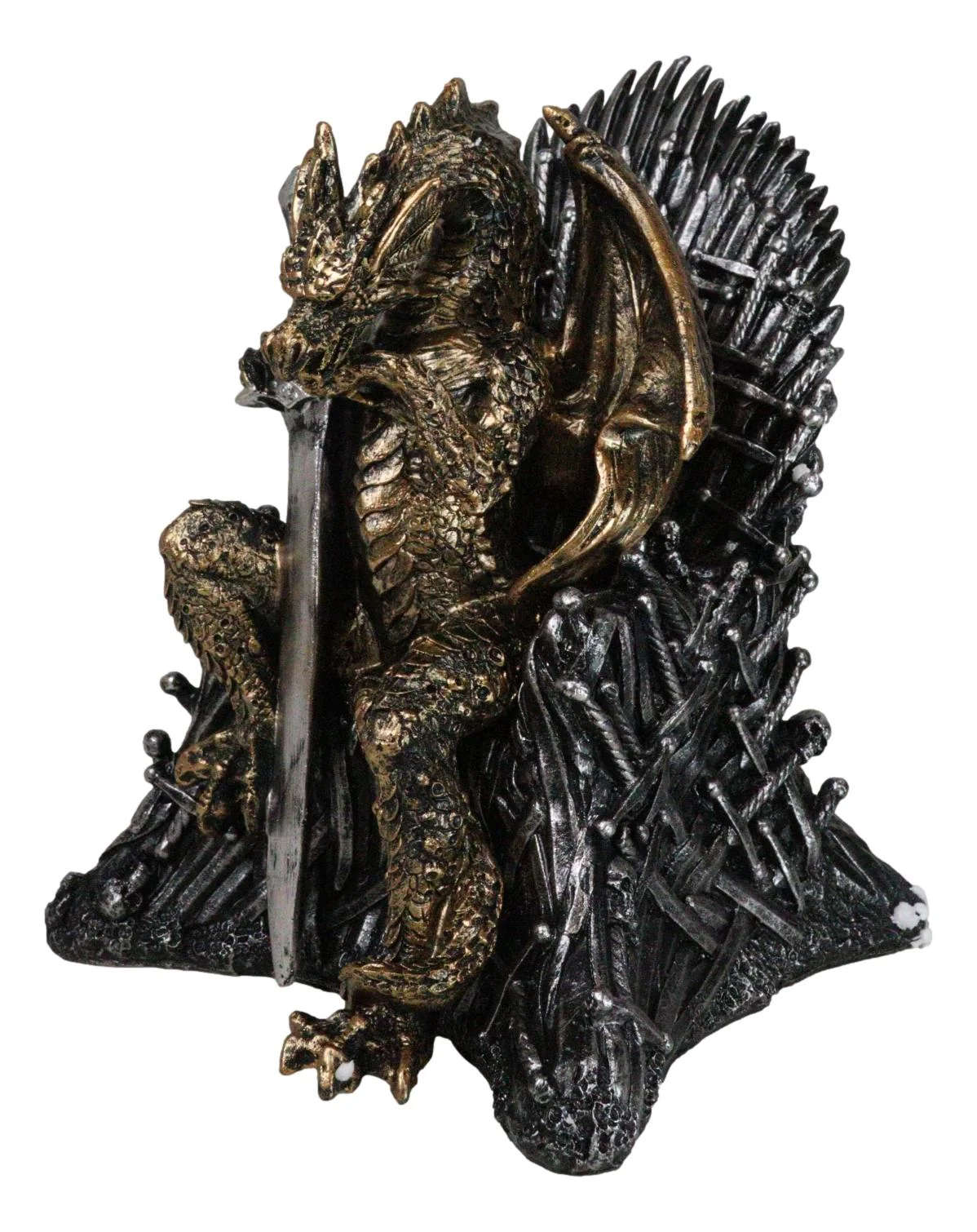 Bronzite Dragon Sitting On Iron Throne Of Swords With Valyrian Blade Figurine - Image 5