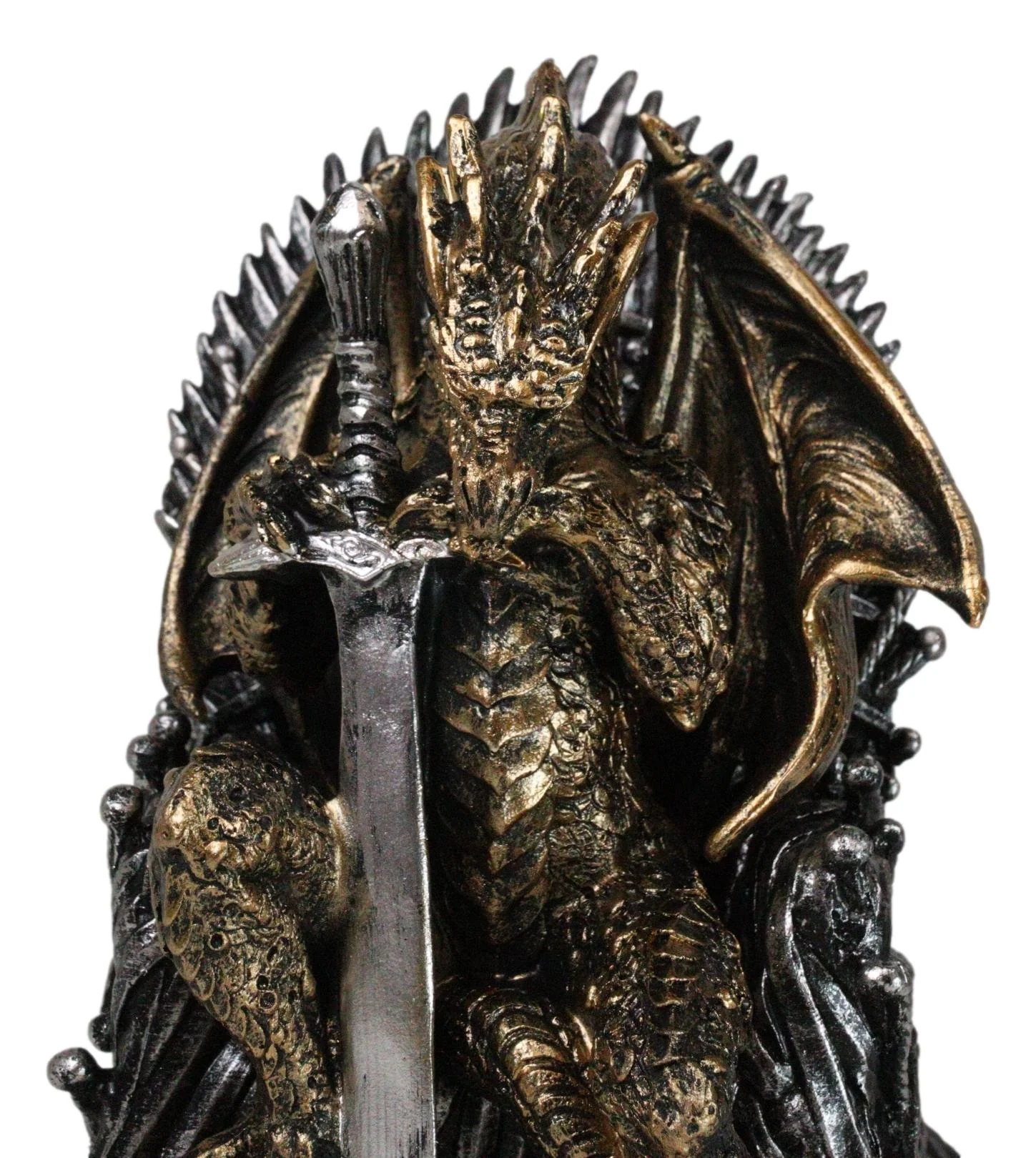 Bronzite Dragon Sitting On Iron Throne Of Swords With Valyrian Blade Figurine - Image 7