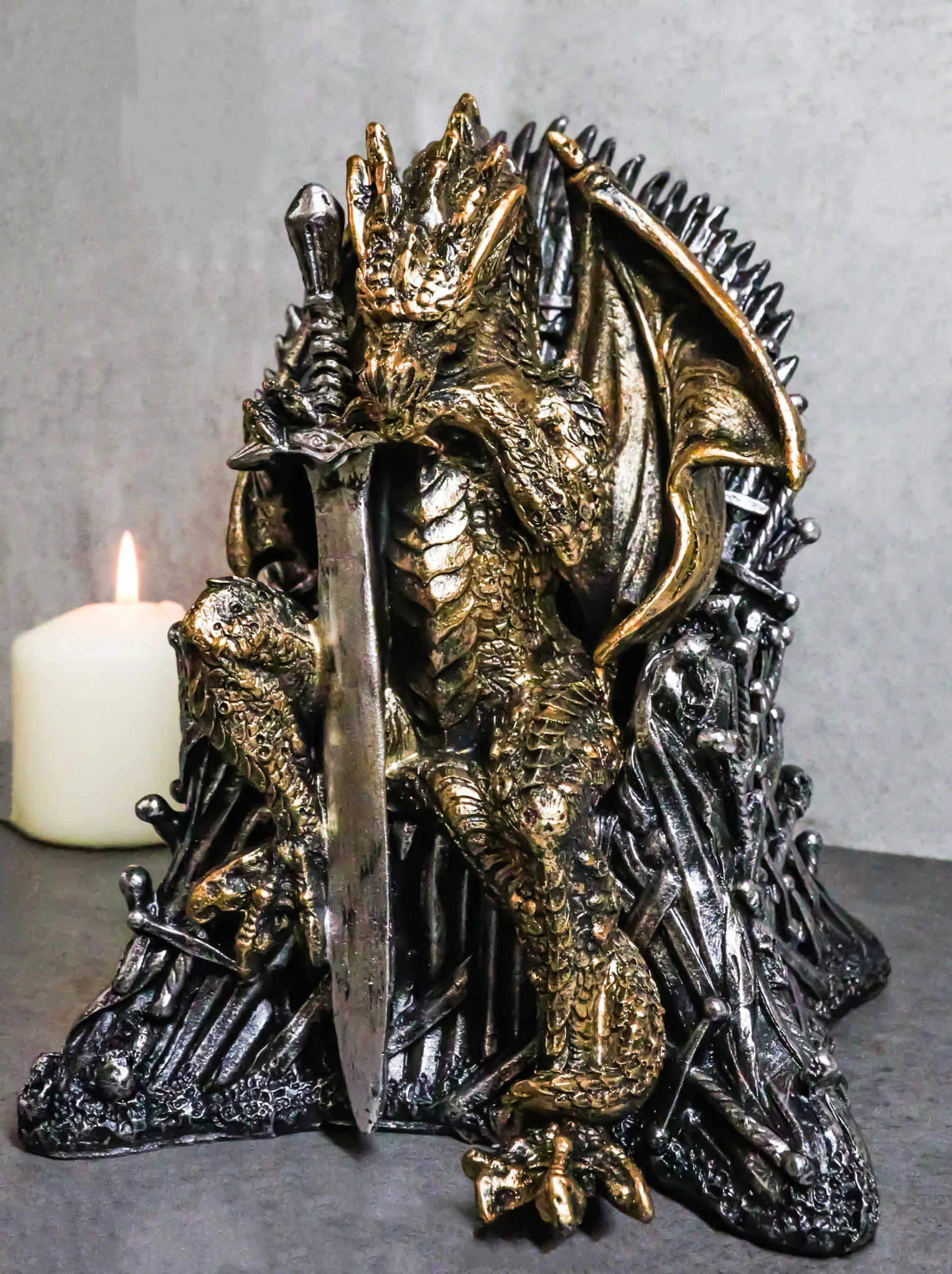 Bronzite Dragon Sitting On Iron Throne Of Swords With Valyrian Blade Figurine - Image 9