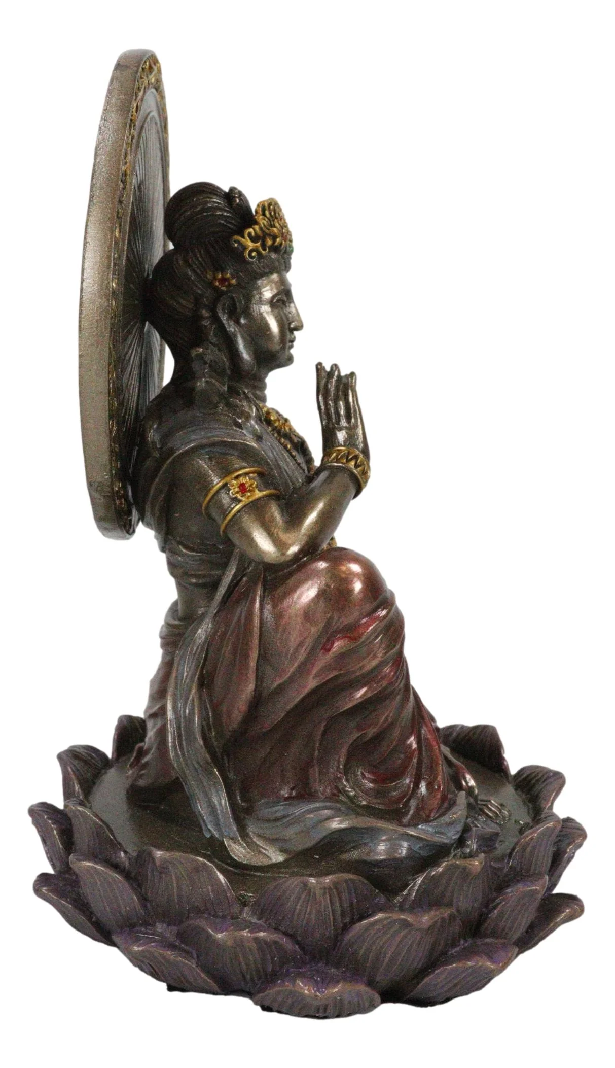 Buddha Goddess Guanyin Kuan Yin On Lotus With Immeasurable Light Disc Figurine - Image 3