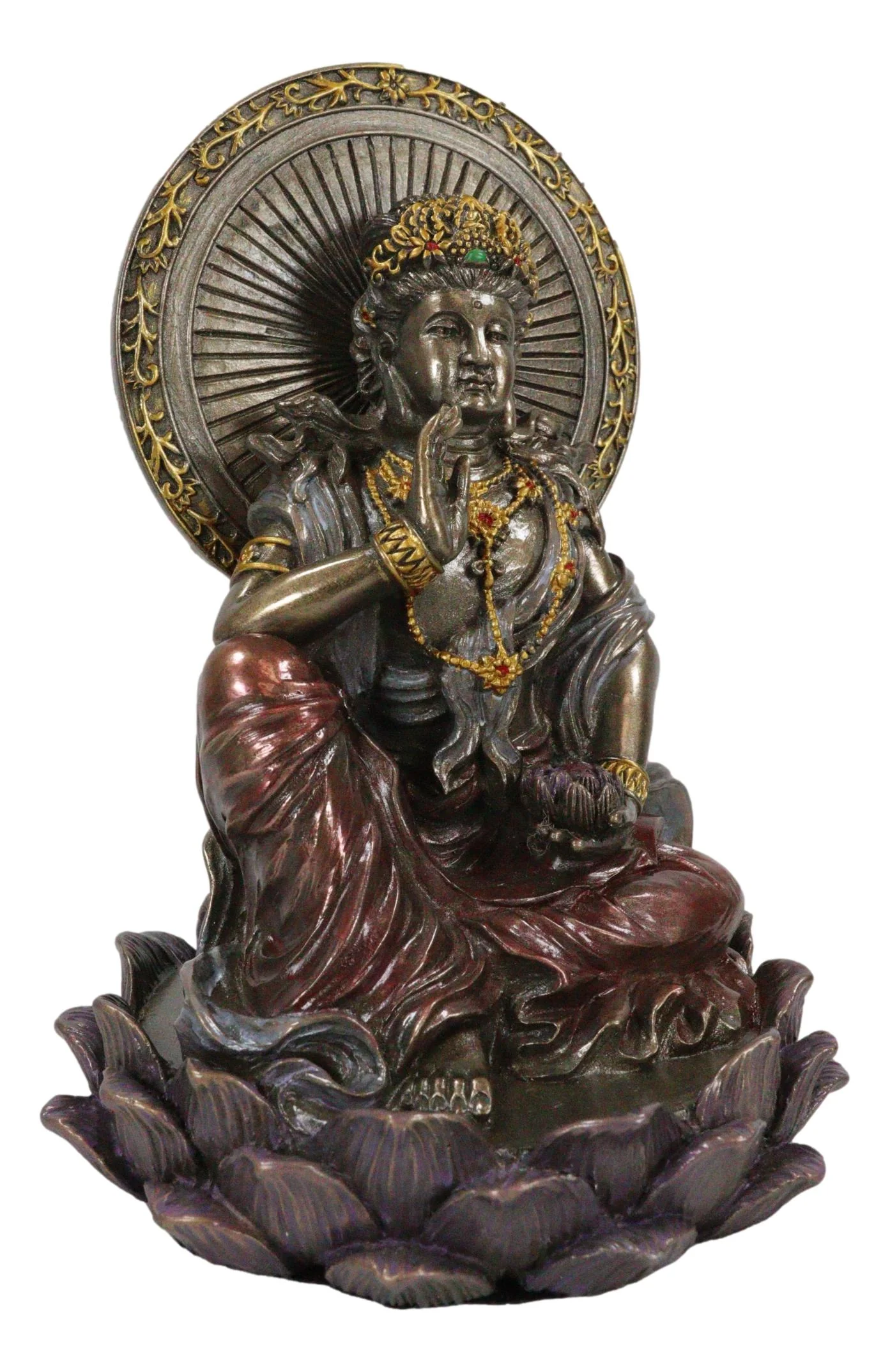 Buddha Goddess Guanyin Kuan Yin On Lotus With Immeasurable Light Disc Figurine - Image 4