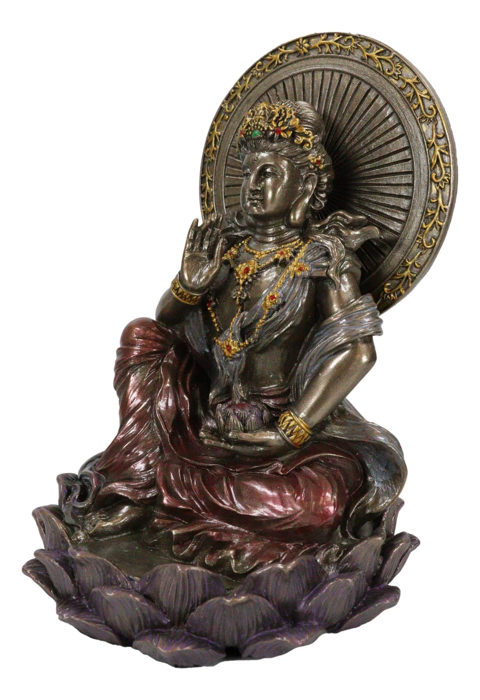Buddha Goddess Guanyin Kuan Yin On Lotus With Immeasurable Light Disc Figurine - Image 5