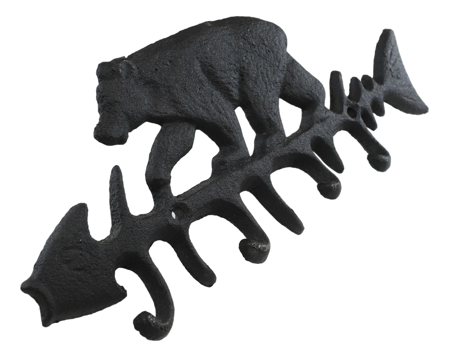 Cast Iron 9" Rustic Forest Black Bear On Fish Bone 4 Pegs Wall Hook Decor Plaque - Image 2