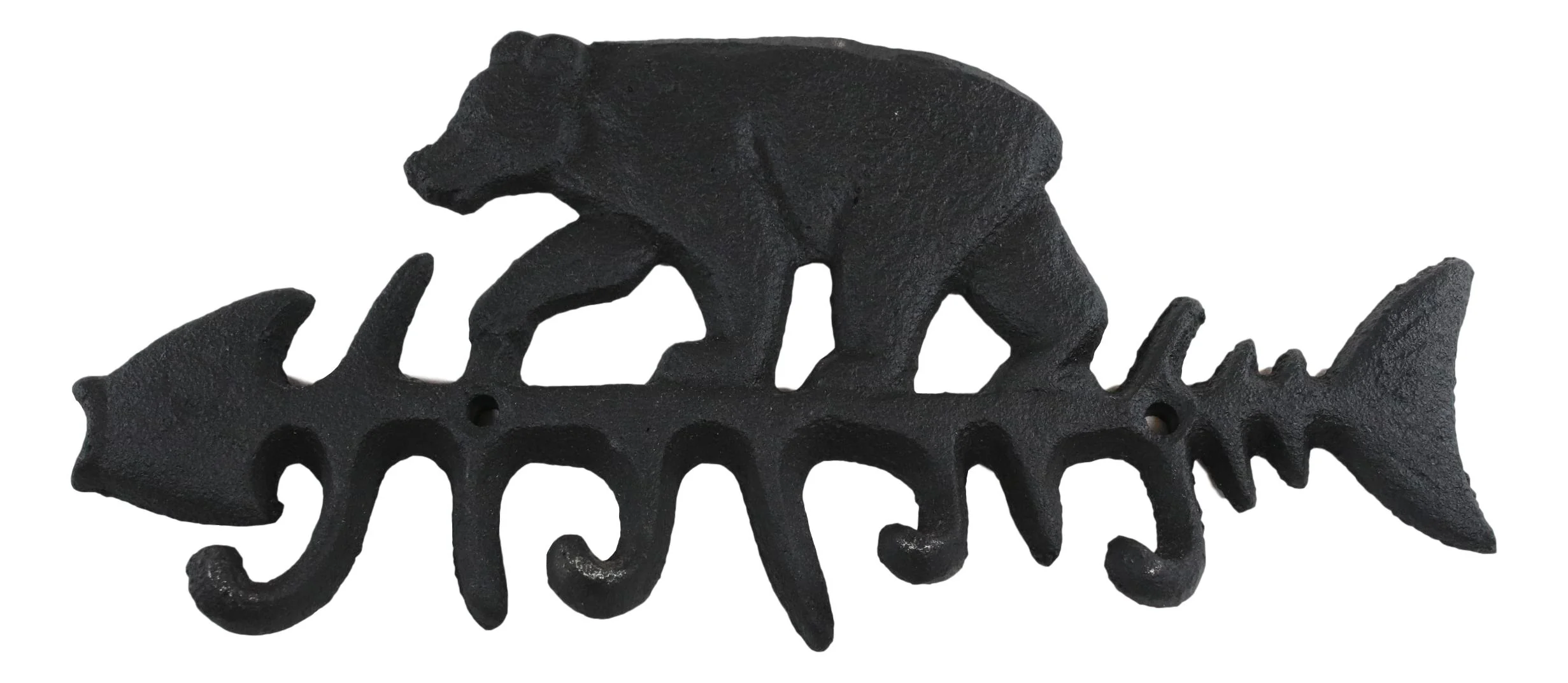 Cast Iron 9" Rustic Forest Black Bear On Fish Bone 4 Pegs Wall Hook Decor Plaque - Image 3