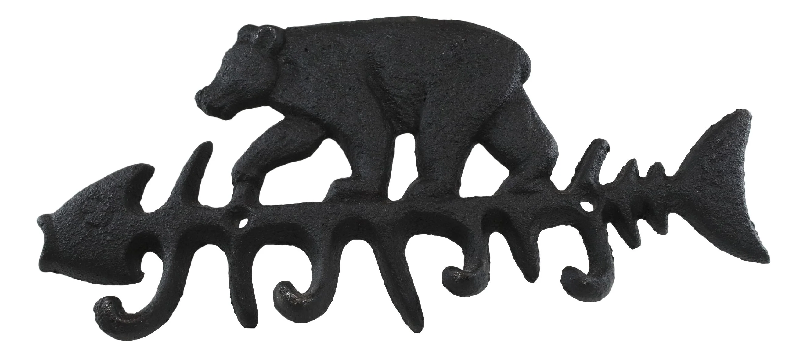 Cast Iron 9" Rustic Forest Black Bear On Fish Bone 4 Pegs Wall Hook Decor Plaque - Image 4