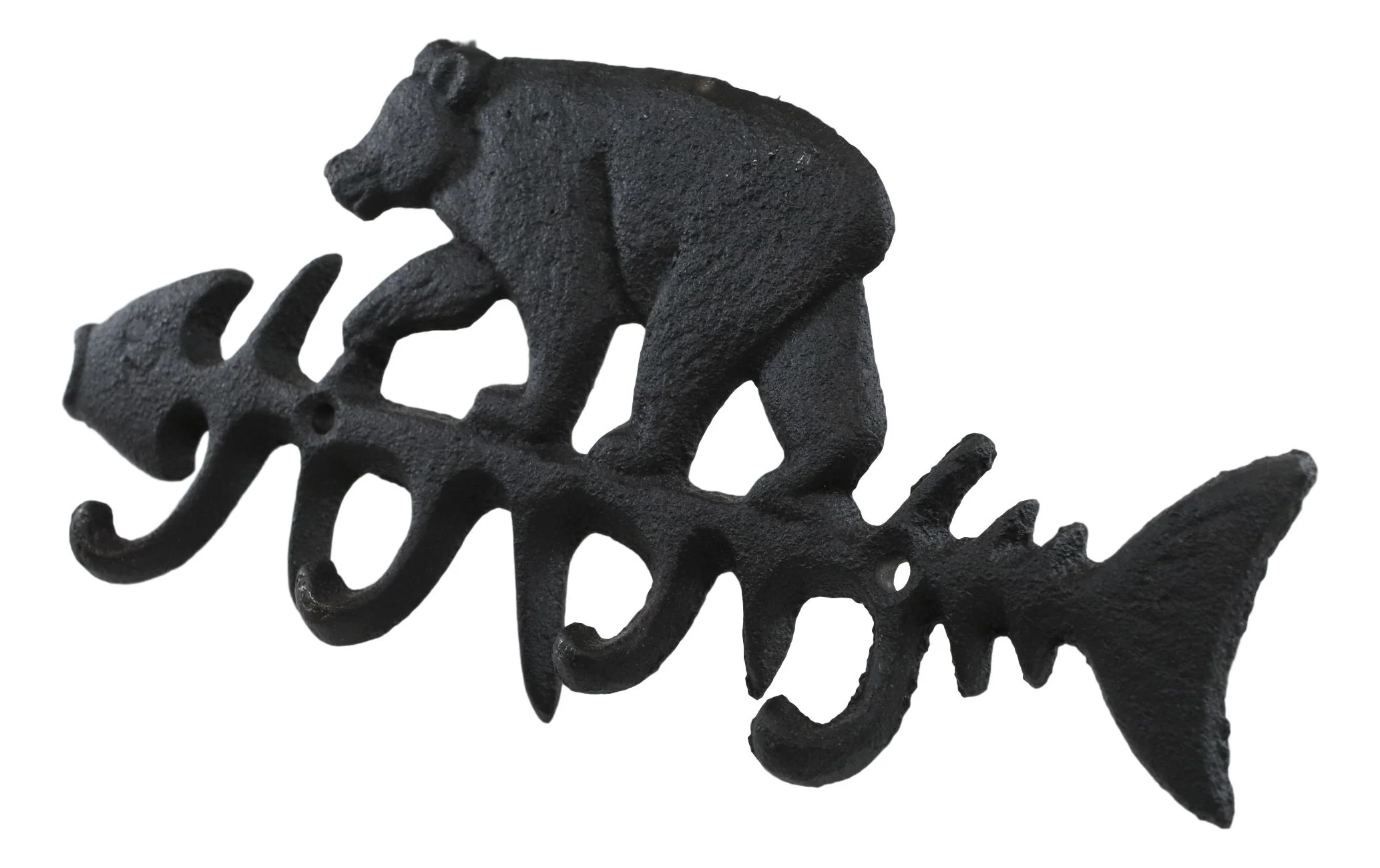 Cast Iron 9" Rustic Forest Black Bear On Fish Bone 4 Pegs Wall Hook Decor Plaque - Image 5
