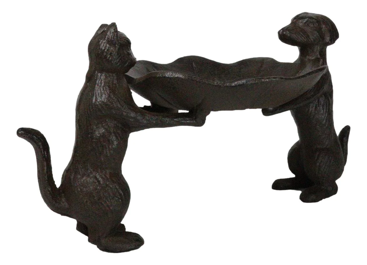 Cast Iron Dog And Cat With Lilypad Jewelry Trinket Keys Holder Figurine 12" L - Image 4