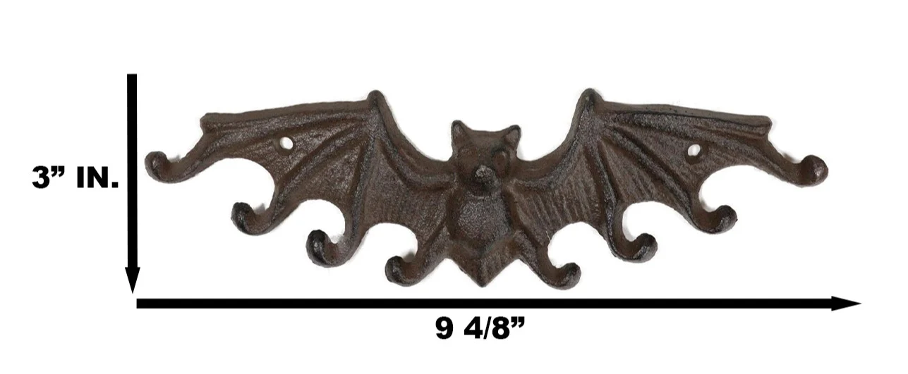 Cast Iron Rustic Dracula's Perch Winged Bat 8 Pegs Quadruple Wall Hook Decor - Image 5