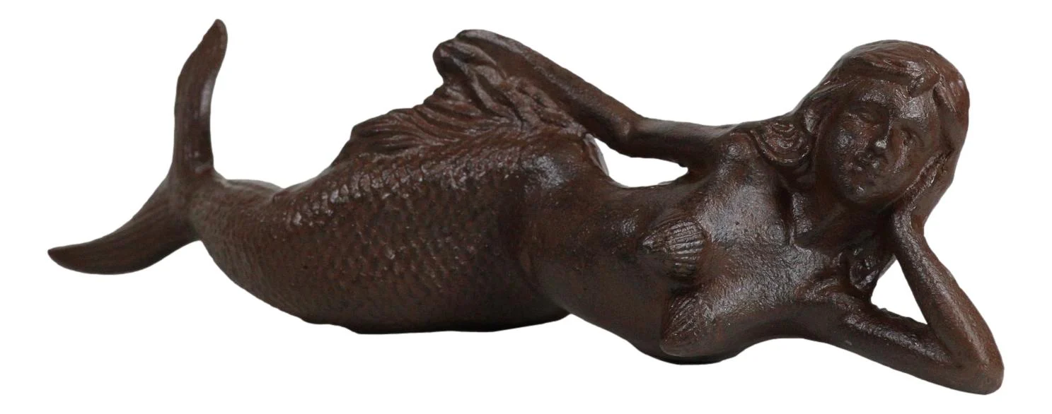 Cast Iron Rustic Nautical Siren Mermaid In Repose On Ocean Bed Sculpture 13"L - Image 7
