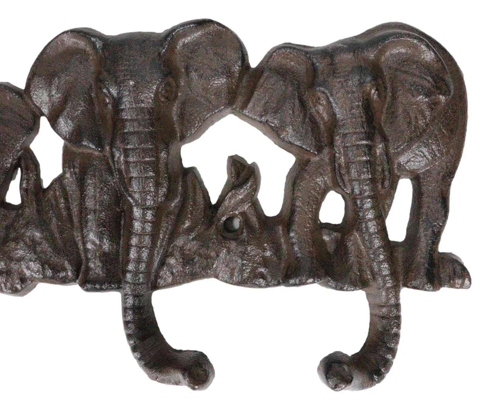 Cast Iron Rustic Safari Elephants With Long Trunks 4-Pegs Wall Hook Sculpture - Image 2
