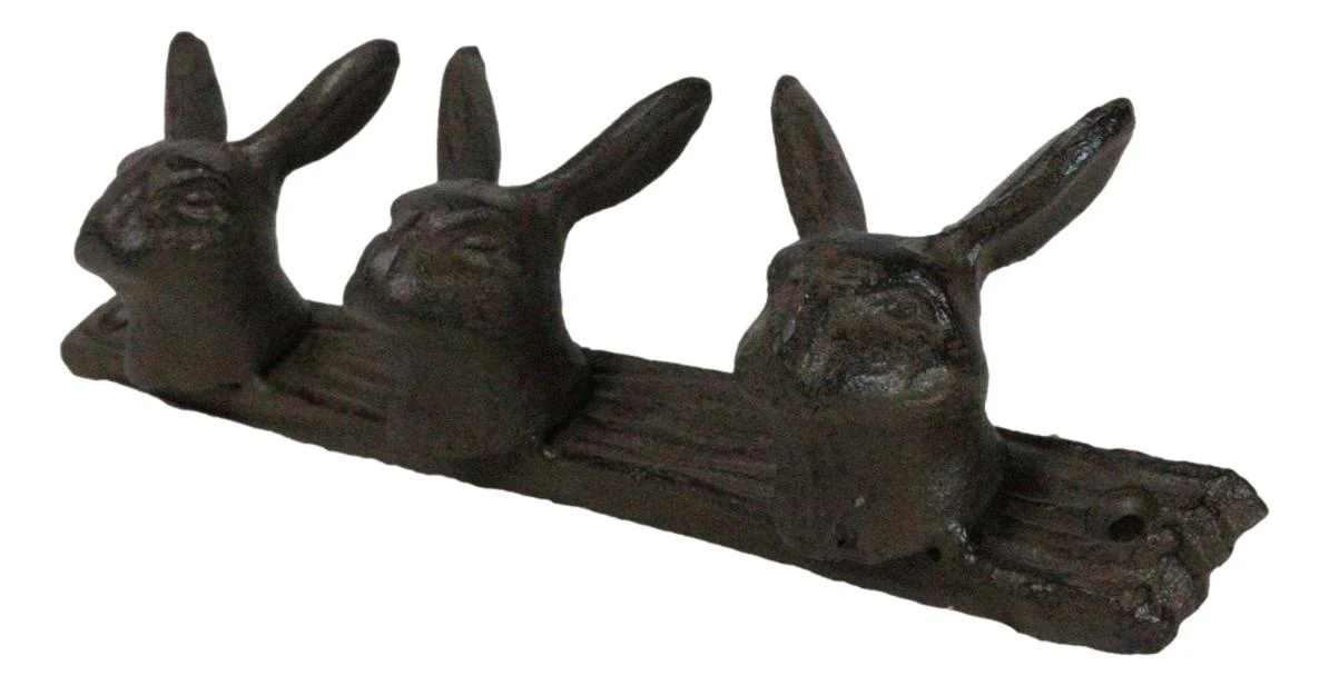 Cast Iron Whimsical 3 Bunny Rabbit Hares Multi Point Wall Coat Hooks Decor - Image 6