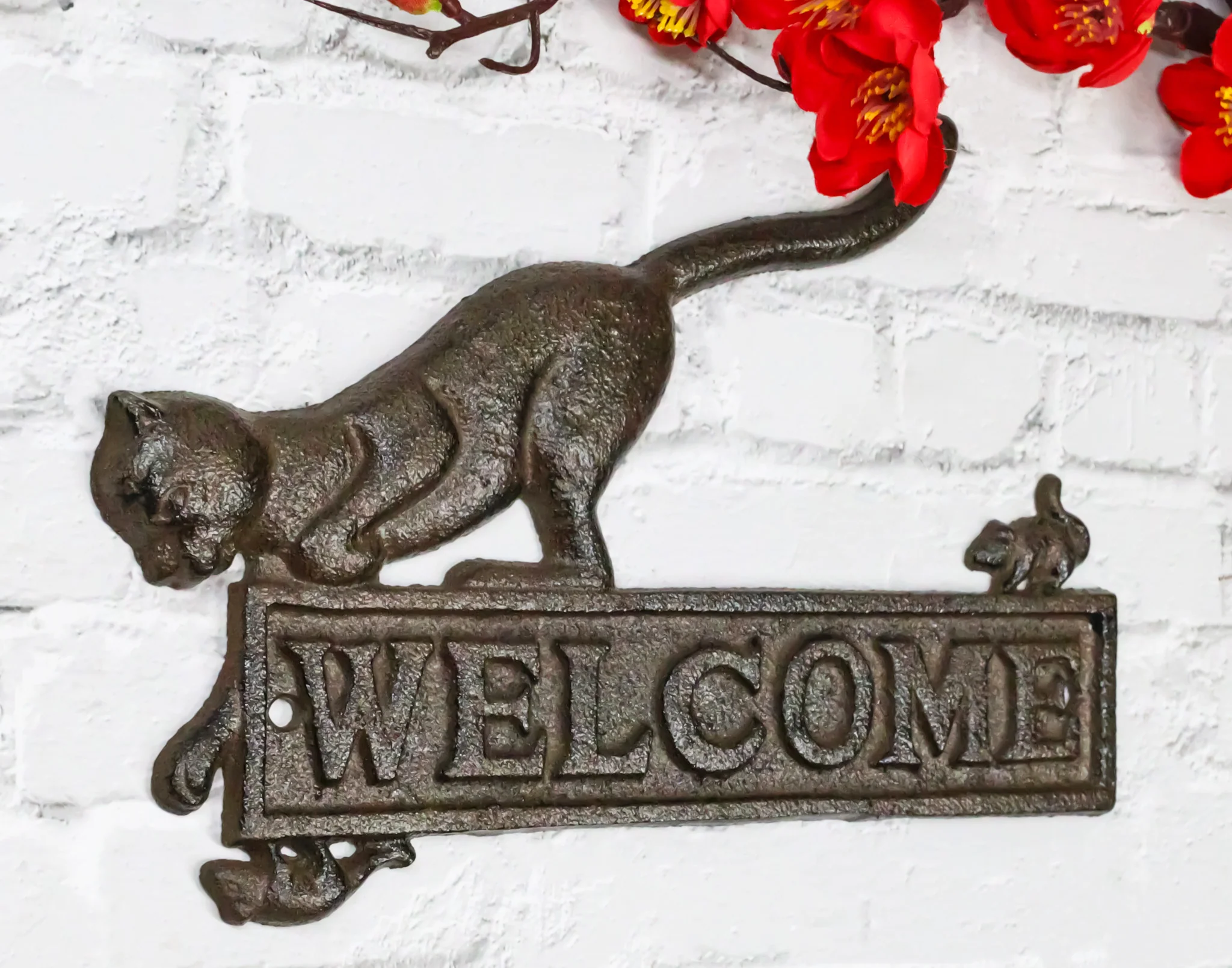Cast Iron Whimsical Hungry Kitty Cat Chasing 2 Mice Wall Decor Welcome Sign - Image 10