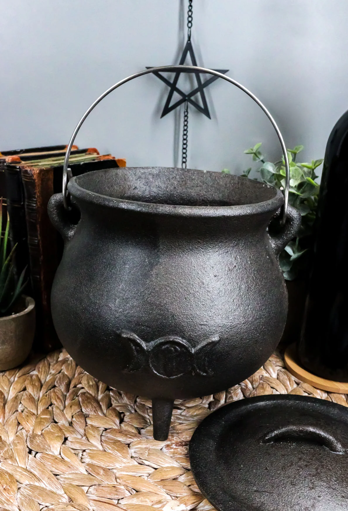 Cast Iron Wicca Triple Moon Shaman Spiral Goddess Cauldron With Handle and Lid