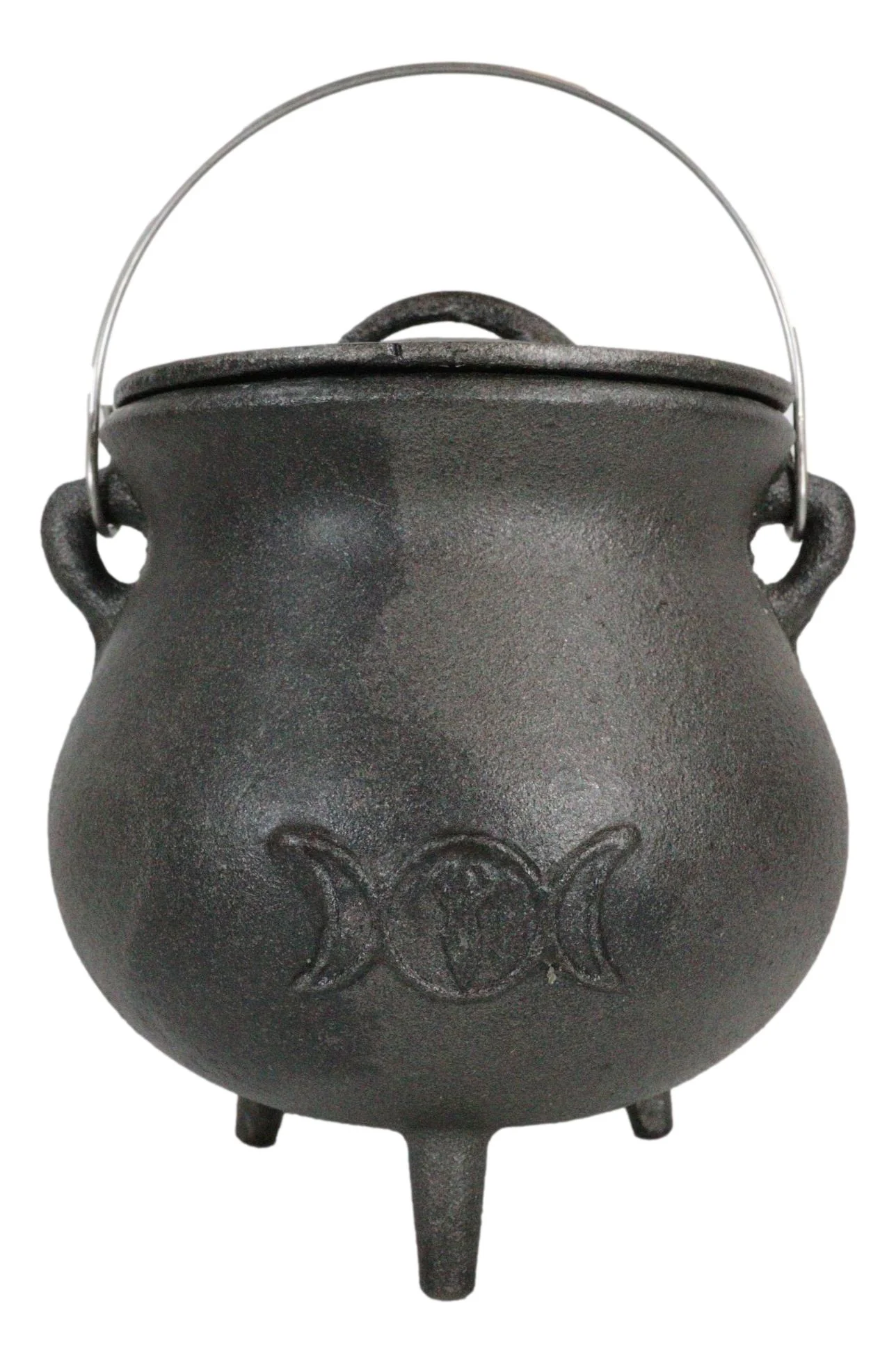 Cast Iron Wicca Triple Moon Shaman Spiral Goddess Cauldron With Handle and Lid - Image 2