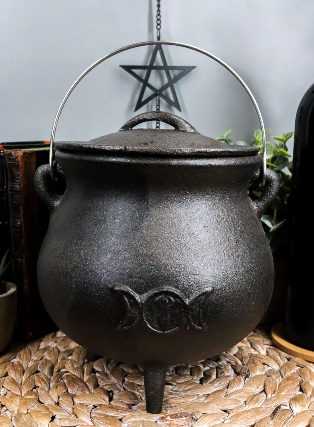 Cast Iron Wicca Triple Moon Shaman Spiral Goddess Cauldron With Handle and Lid - Image 7