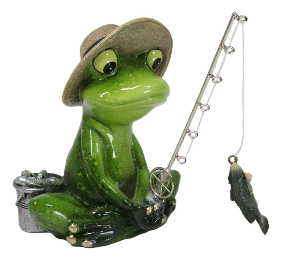 Catch of The Day Green Frog Rod Fishing And Wearing Fisherman Hat Figurine - Image 4