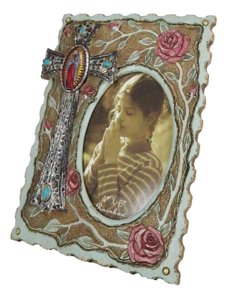 Catholic Lady Of Grace Mary Guadalupe Cross With Pink Roses 4X6 Picture Frame - Image 2