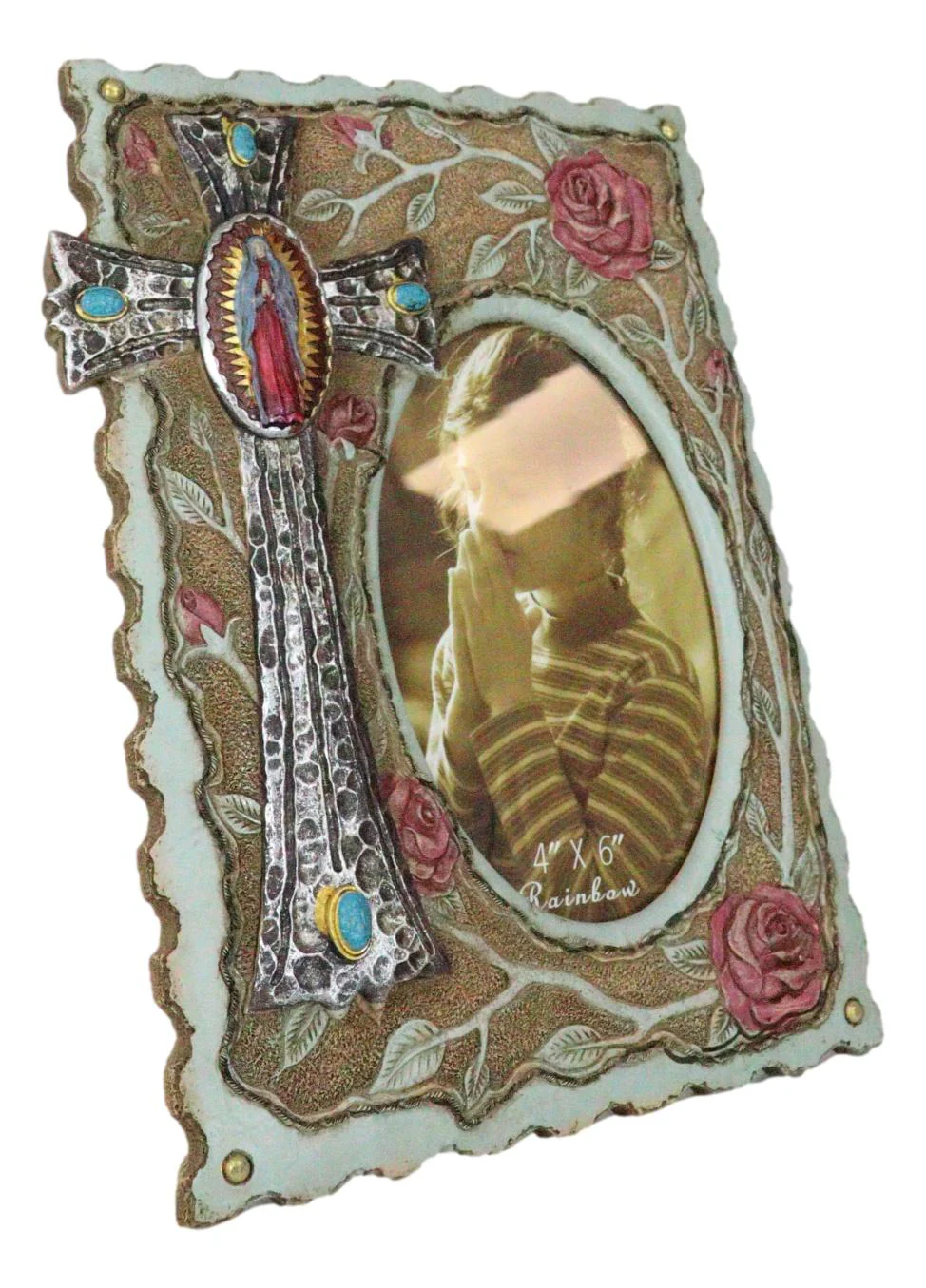 Catholic Lady Of Grace Mary Guadalupe Cross With Pink Roses 4X6 Picture Frame - Image 5