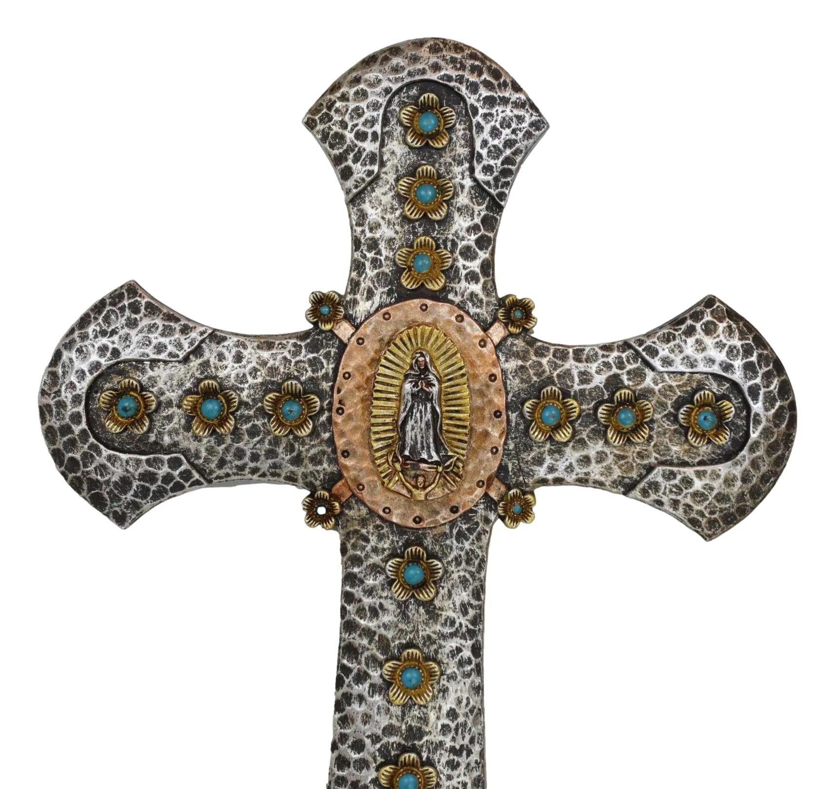 Catholic Lady Of Guadalupe Mary With Turquoise Gems Hammered Pattern Wall Cross - Image 2