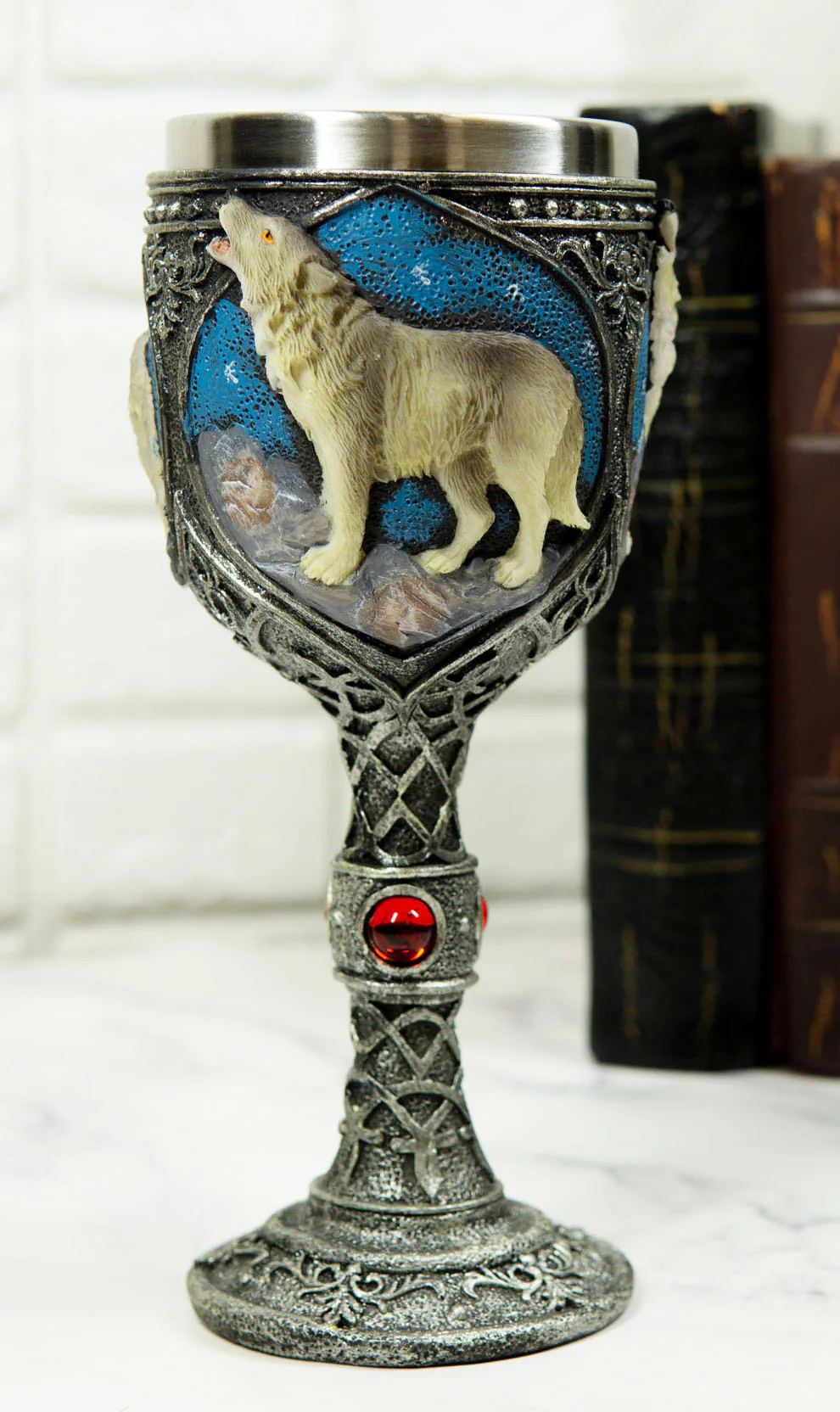 Celtic Howling Gray Wolf At Starry Night Mountains Coffee Mug & Wine Goblet Set - Image 2