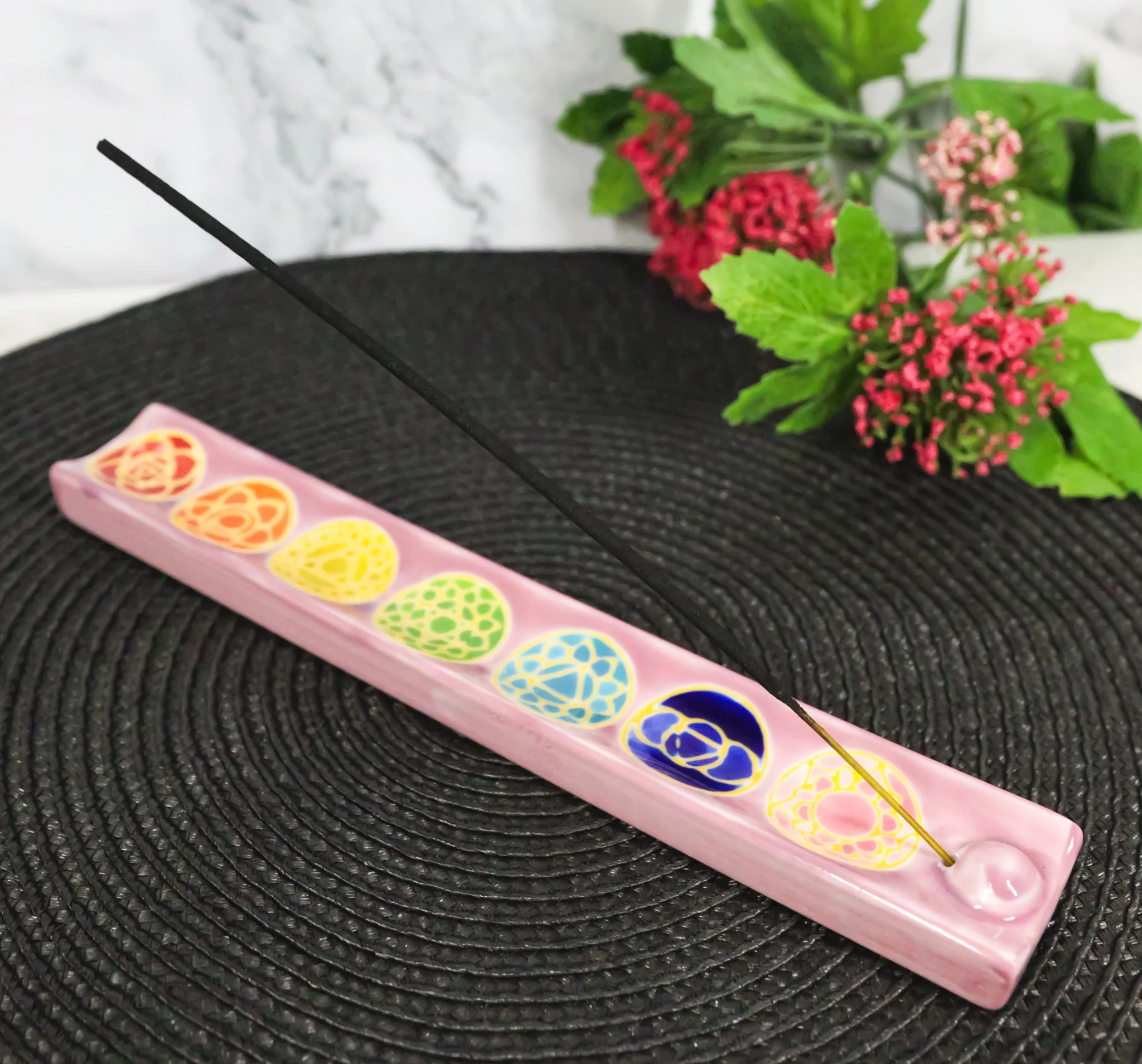 Ceramic Colorful Rainbow 7 Chakra Zone Colors Mandala Flowers Incense Holder - Image 9