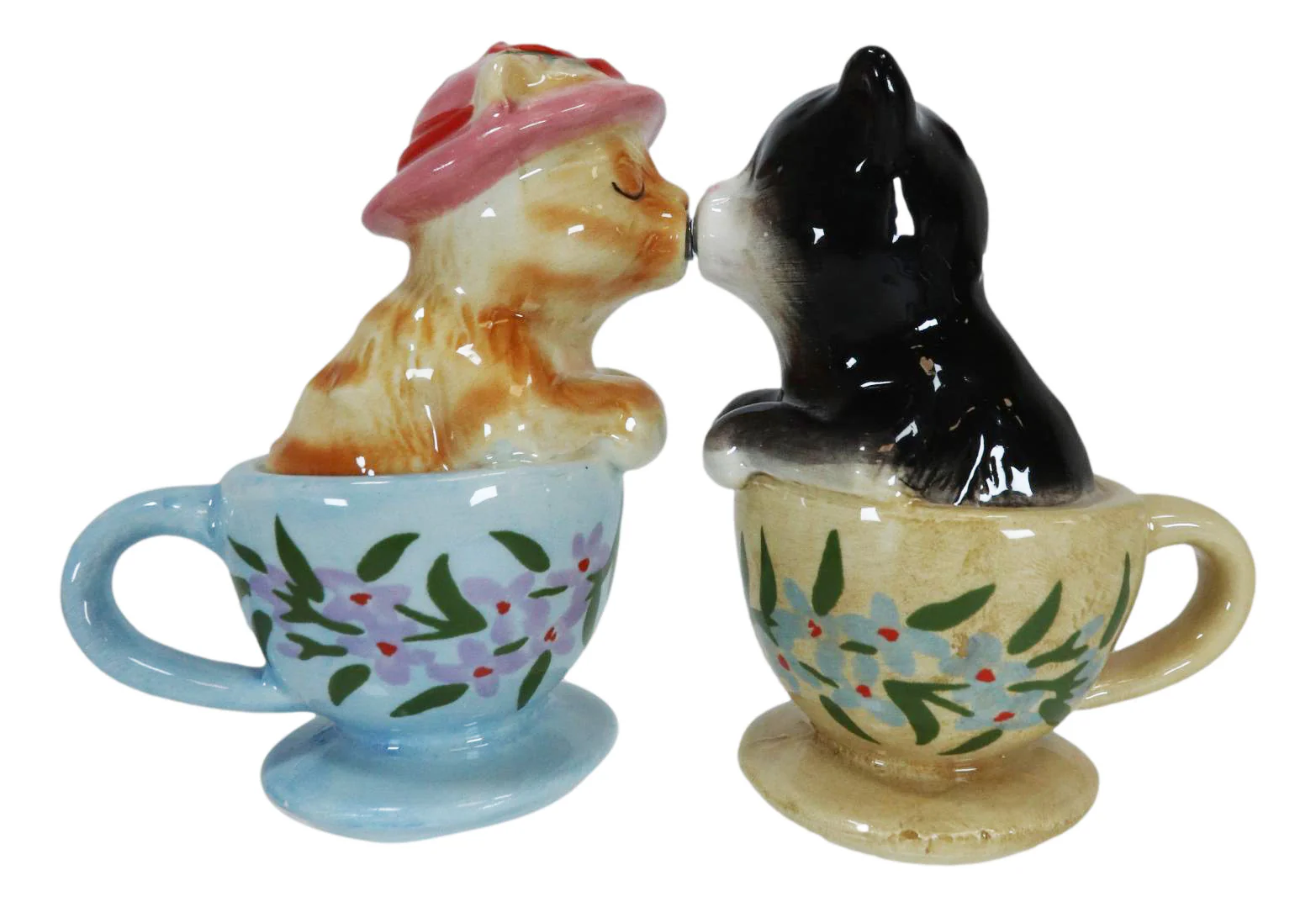 Ceramic Tabby And Black Cats In Tea Cups Magnetic Salt and Pepper Shaker Set - Image 2