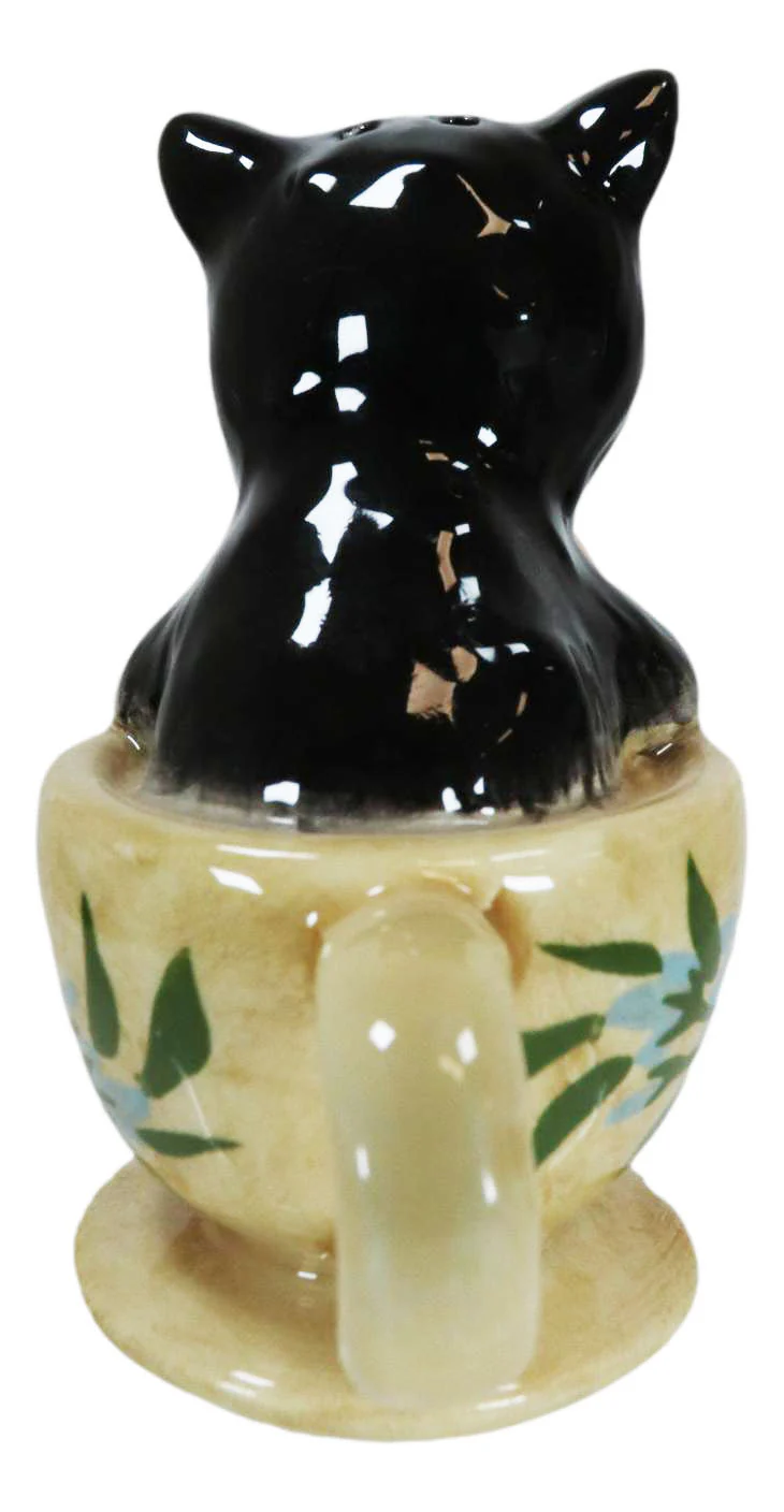 Ceramic Tabby And Black Cats In Tea Cups Magnetic Salt and Pepper Shaker Set - Image 5