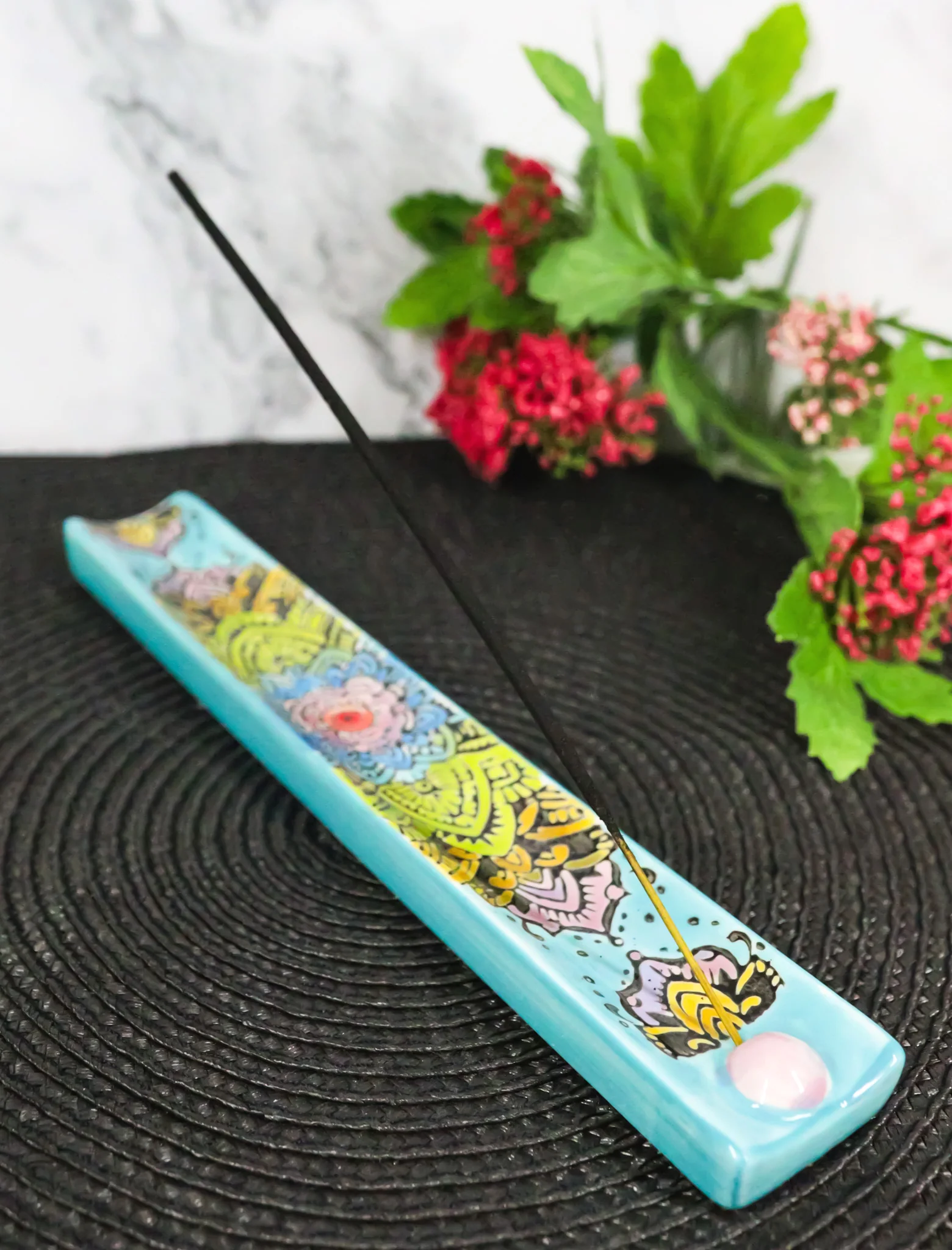 Ceramic Turquoise Blue Mandala Flowers Life Beauty and Renewal Incense Holder - Image 9