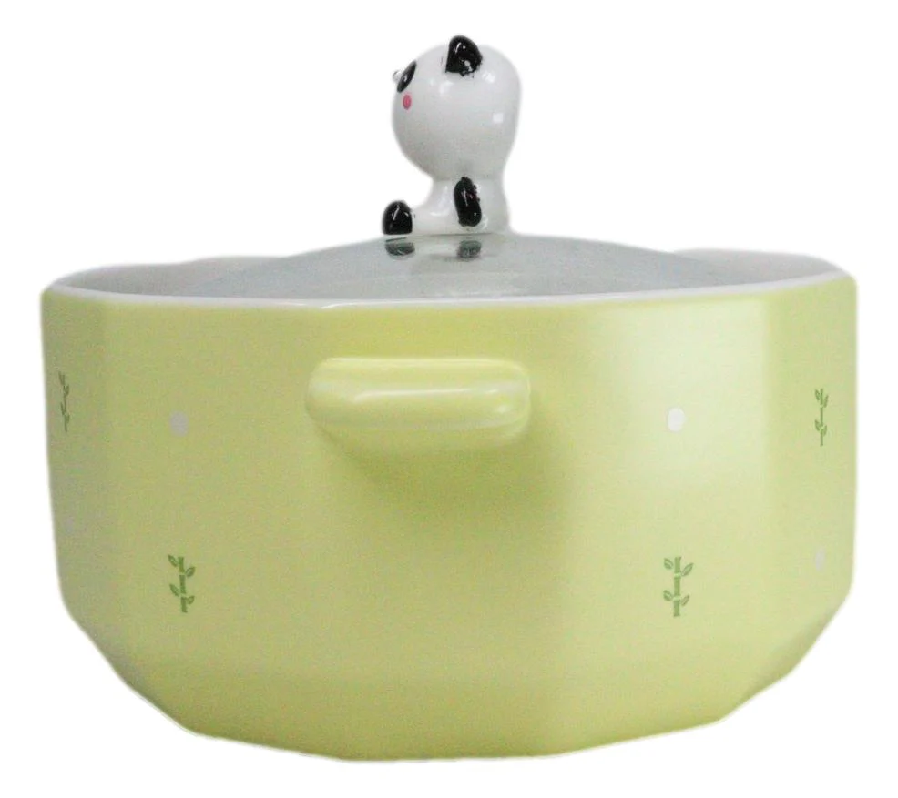 Ceramic Yellow Lovely Panda 30oz Noodle Dessert Food Bowl W/ Glass Lid - Image 2