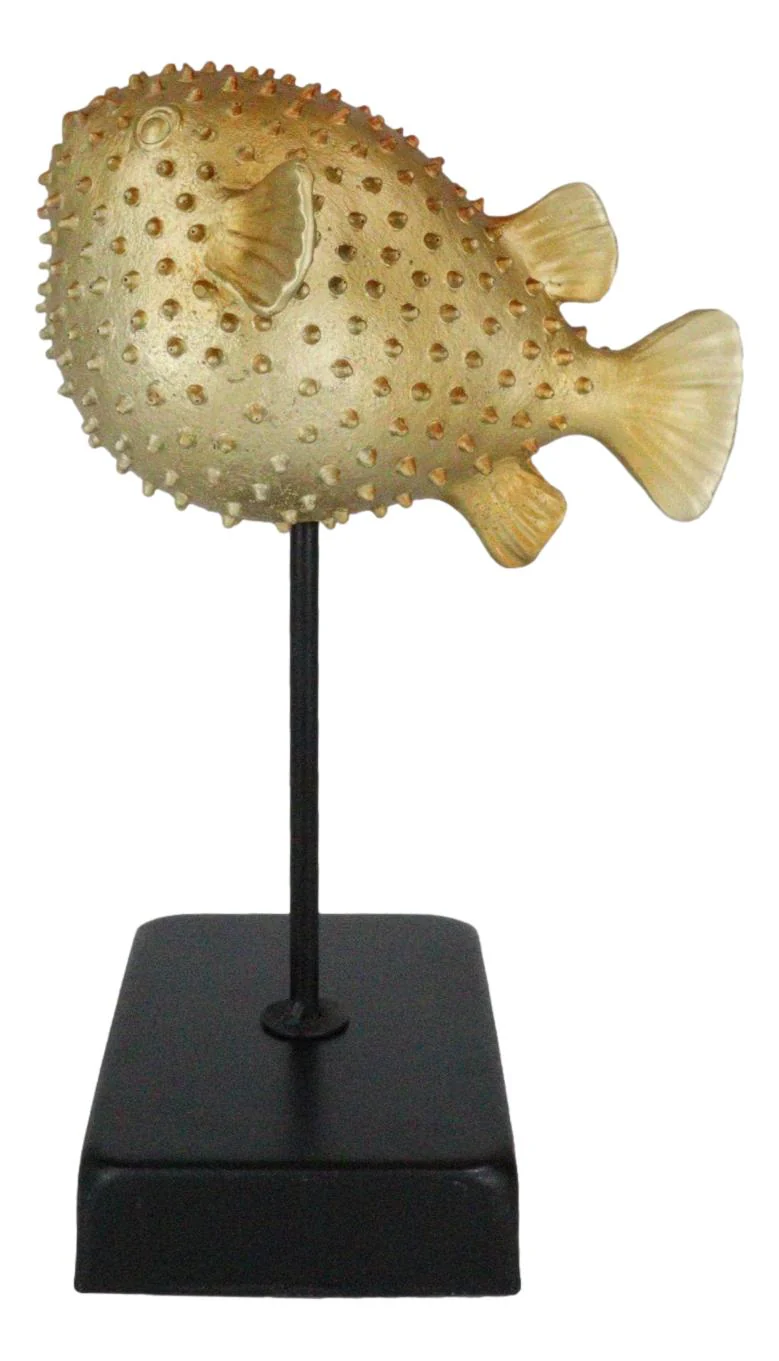 Coastal Marine Faux Taxidermy Golden Pufferfish Fish Sculpture On Pole Mount - Image 2