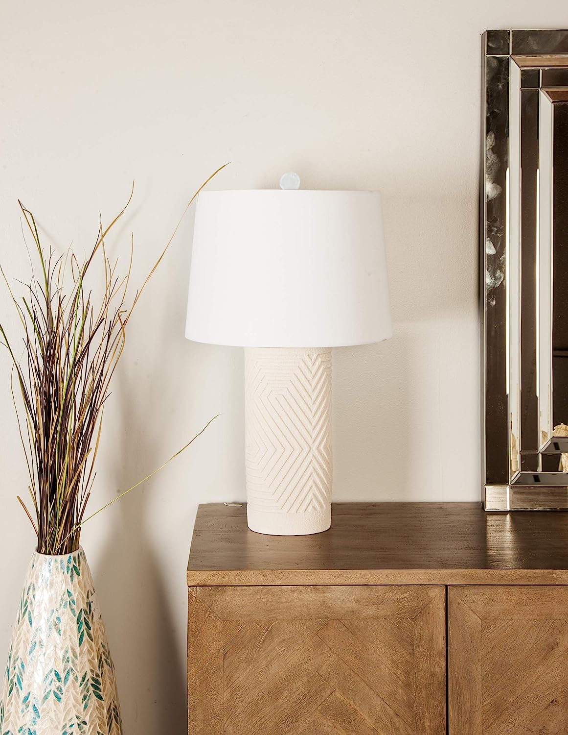 Contemporary Modern Elegant Linear Pattern Polystone Table Lamp With Shade - Image 7