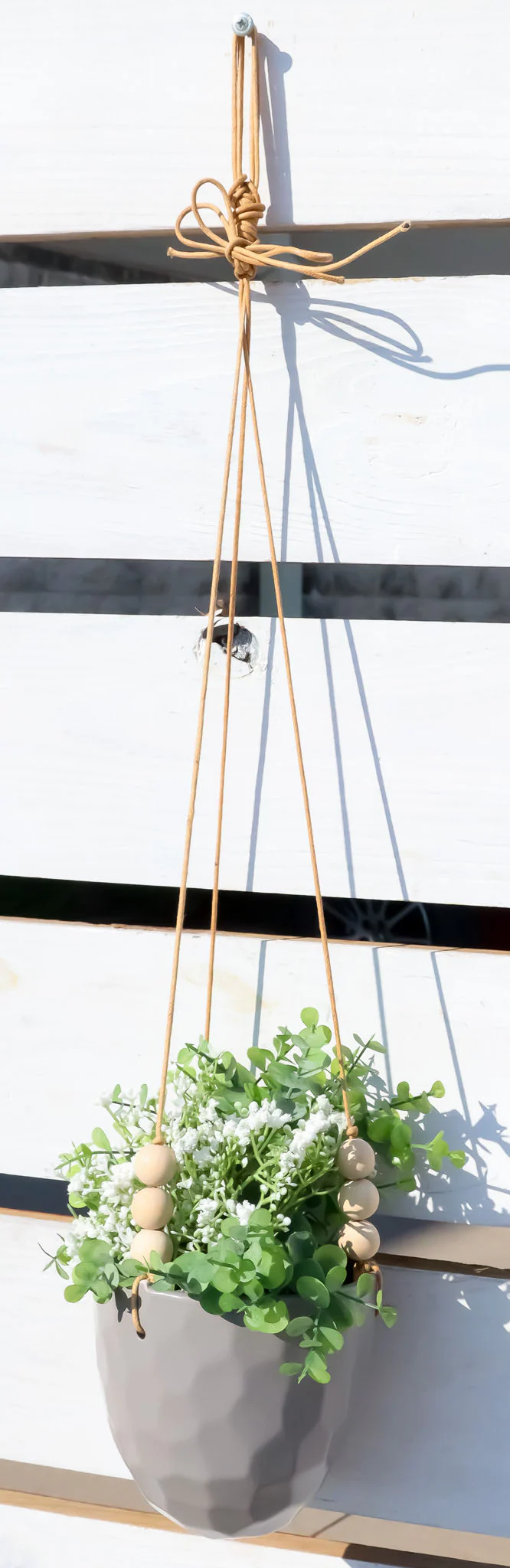 Contemporary Ribbed Ceramic Grey Oval Hanging Planter Pot With Beaded Strings - Image 7