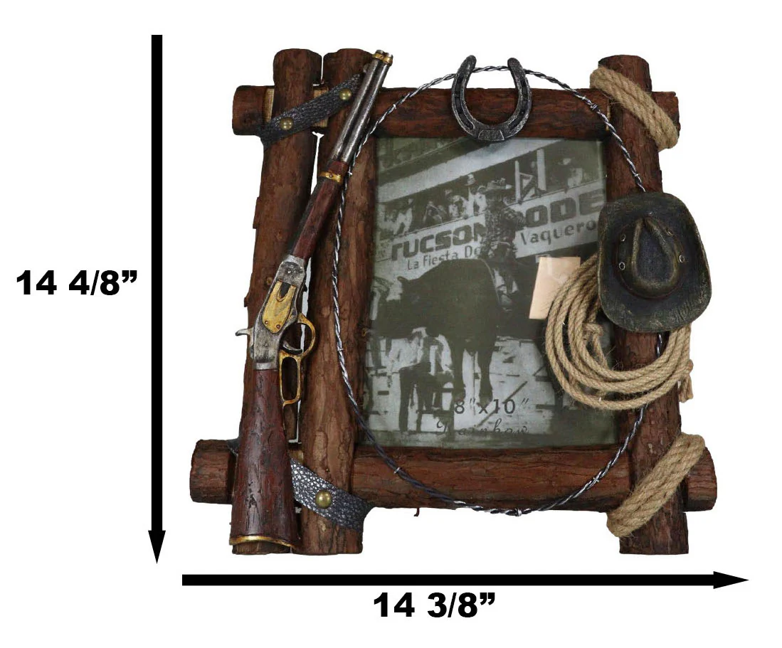 Country Rustic Cowboy Shotgun Ropes Hat Horseshoe Barnwood Picture Frame 8x10 - Image 3