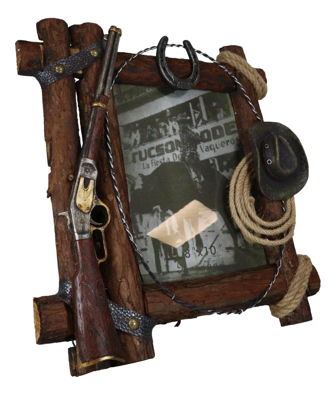 Country Rustic Cowboy Shotgun Ropes Hat Horseshoe Barnwood Picture Frame 8x10 - Image 4