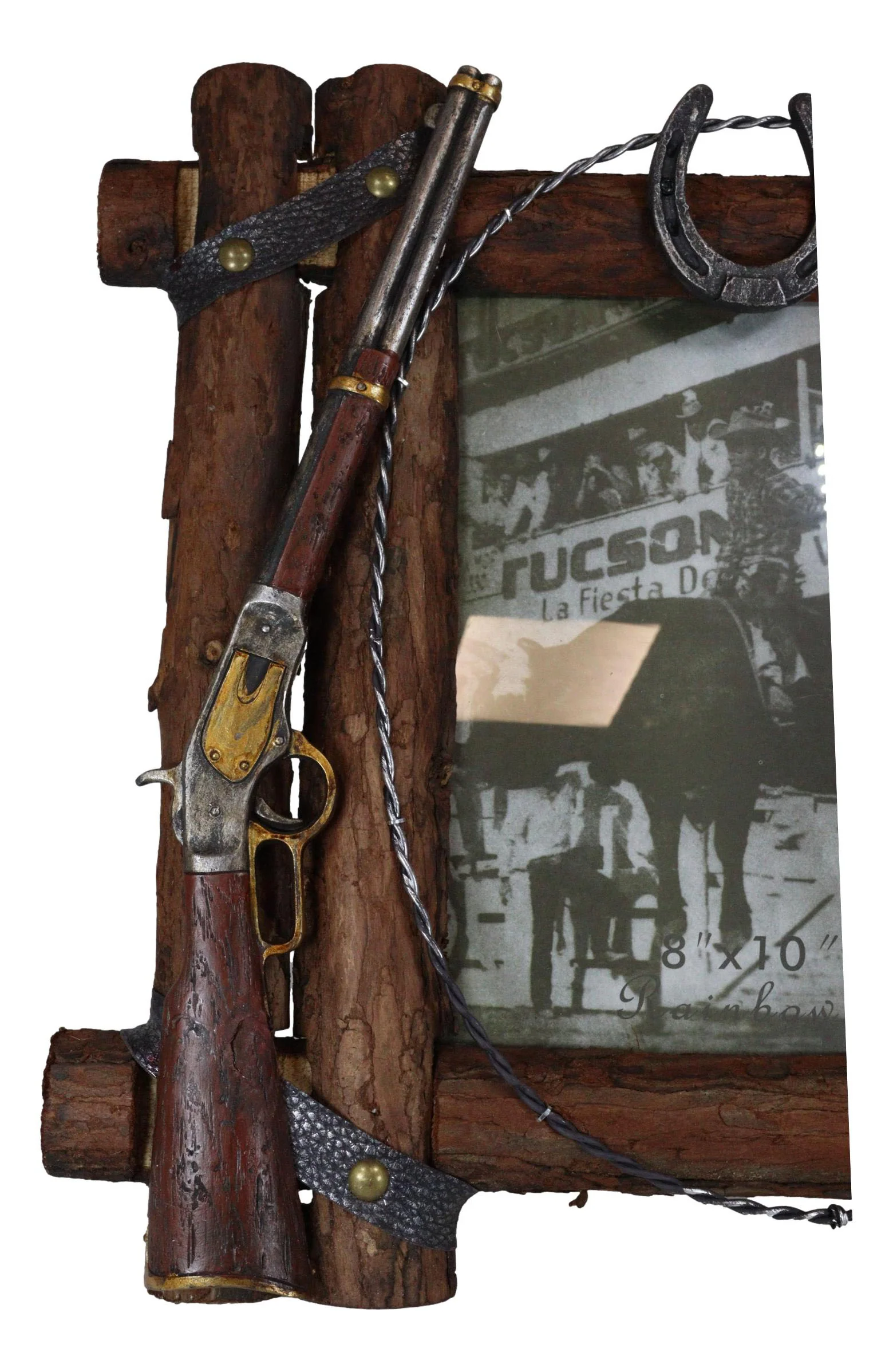 Country Rustic Cowboy Shotgun Ropes Hat Horseshoe Barnwood Picture Frame 8x10 - Image 5