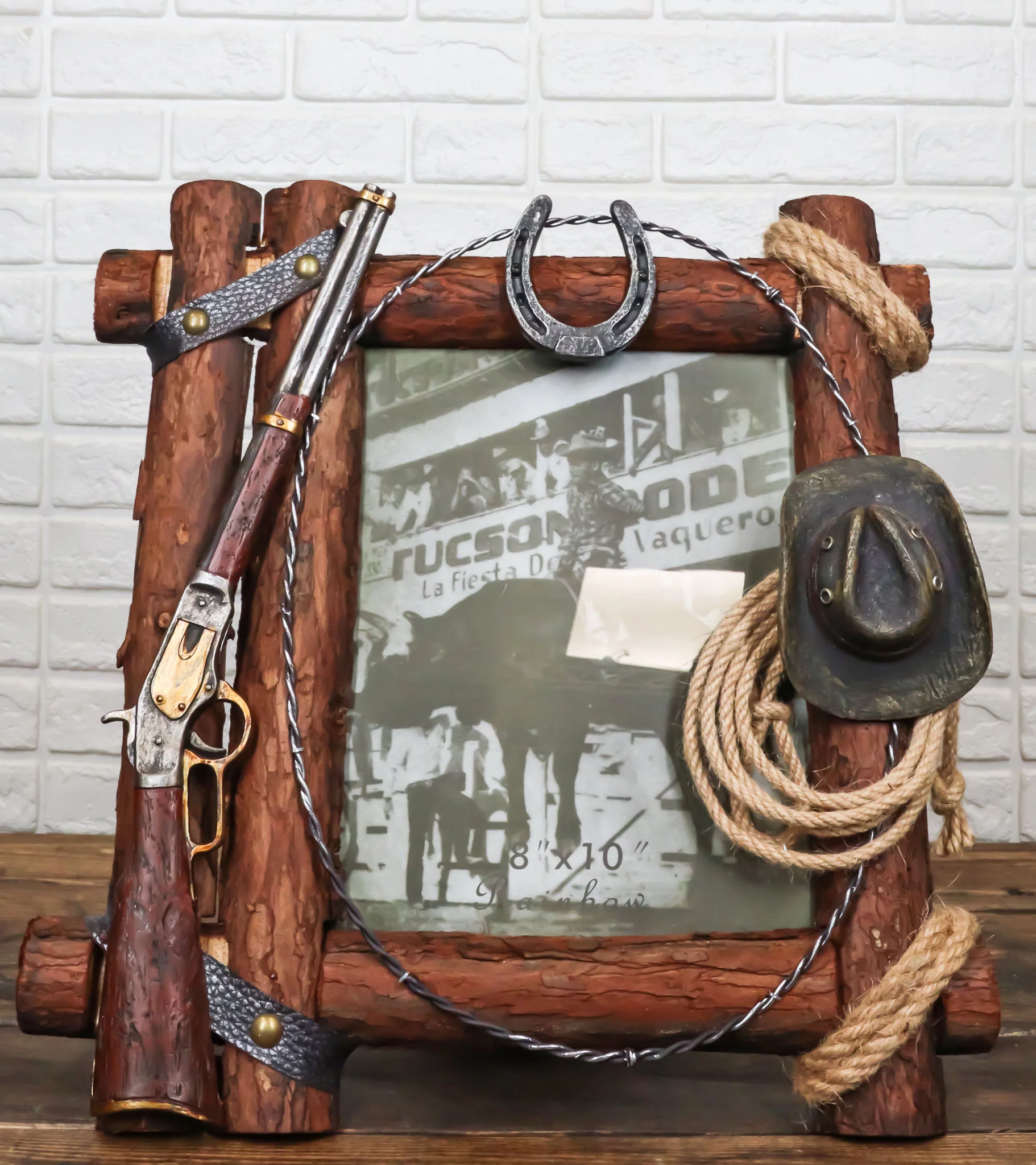 Country Rustic Cowboy Shotgun Ropes Hat Horseshoe Barnwood Picture Frame 8x10 - Image 9