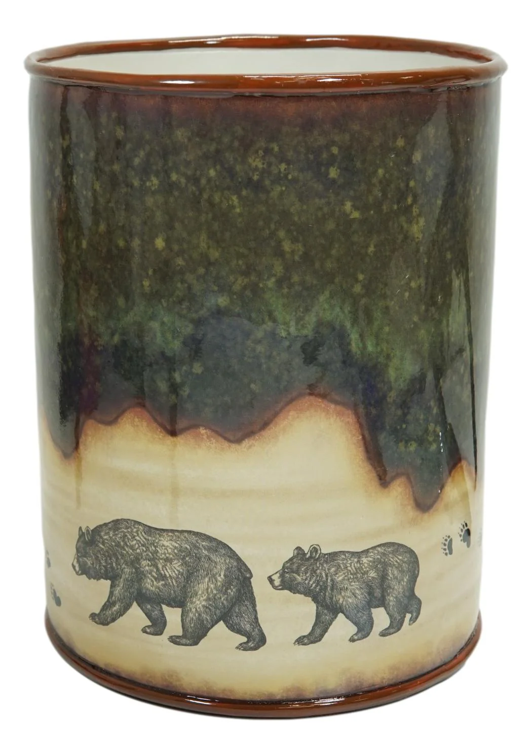 Country Rustic Forest Mama Bear And Cub Family Pawprint Trail Waste Basket Bin - Image 3