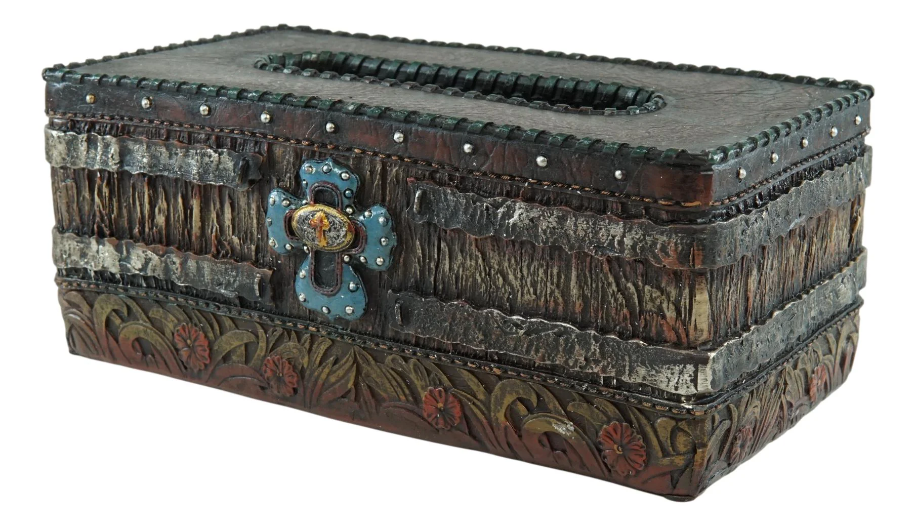 Country Rustic Western Blue Cross W/ Concho Rectangular Tissue Box Holder Case - Image 4
